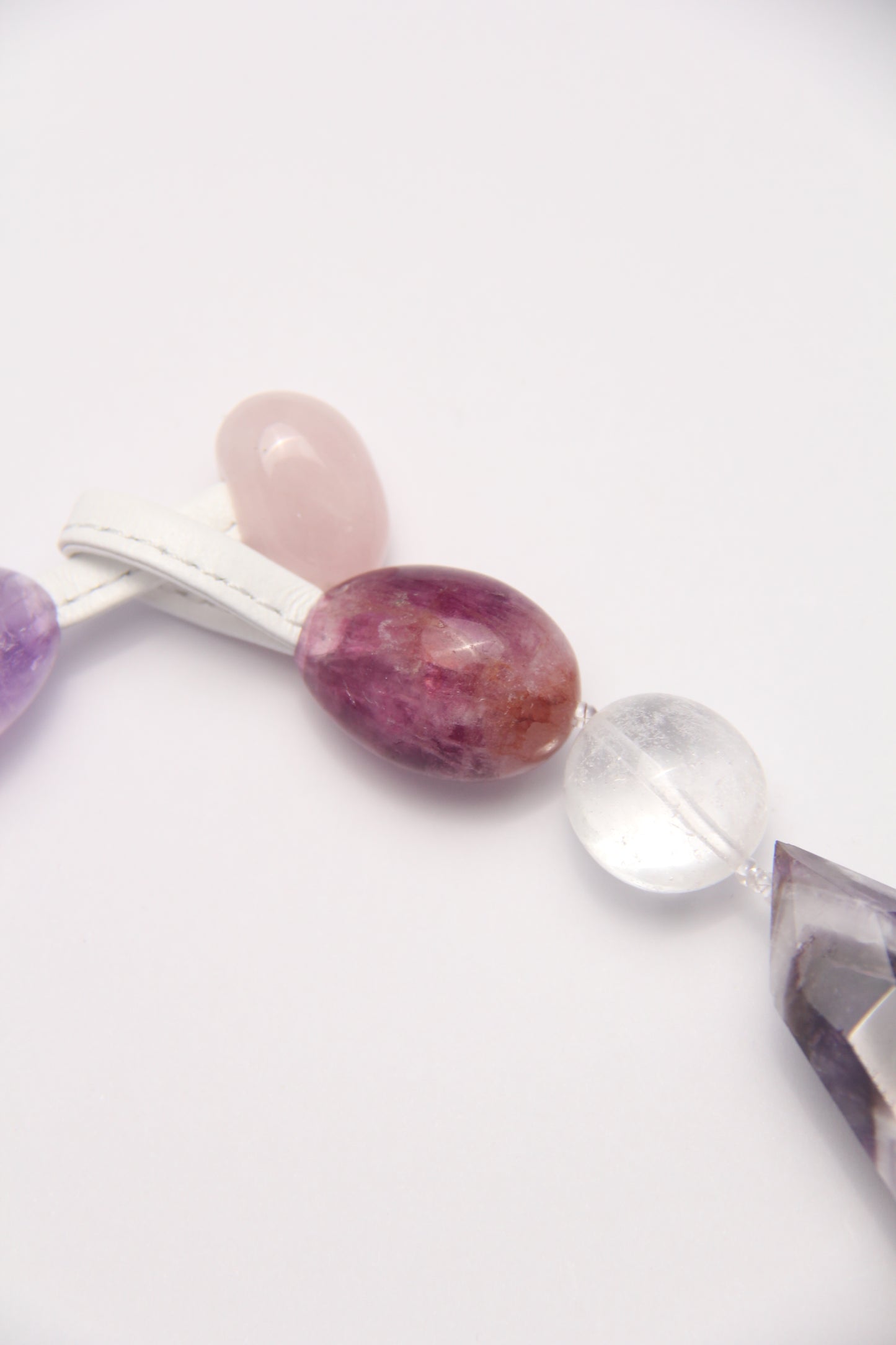 Necklace: amethyst, dream amethyst, pearls, fluorite, rose quartz, white crystal