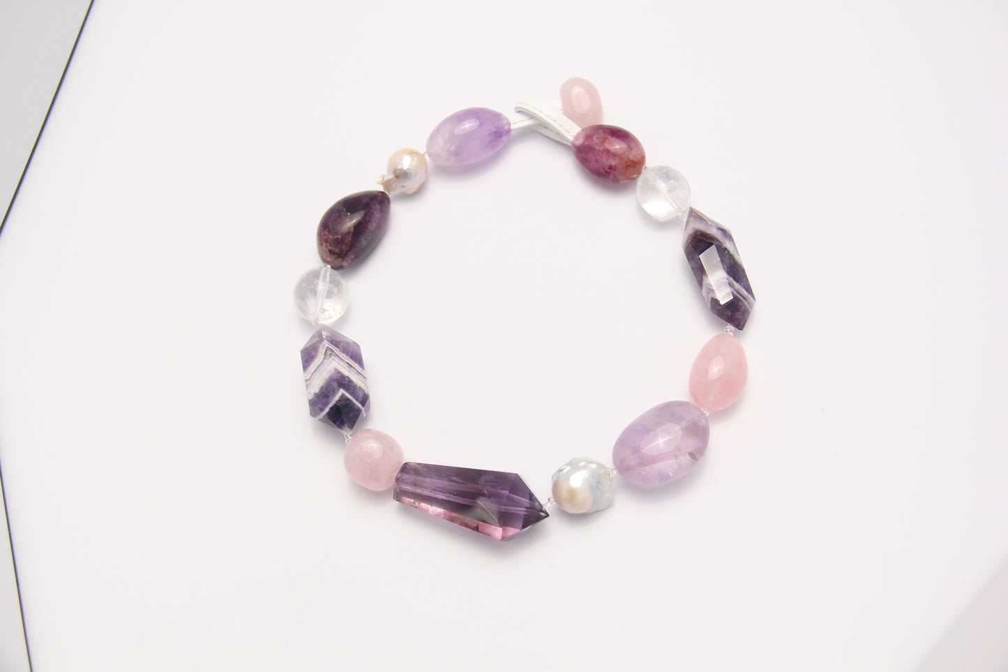 Necklace: amethyst, dream amethyst, pearls, fluorite, rose quartz, white crystal