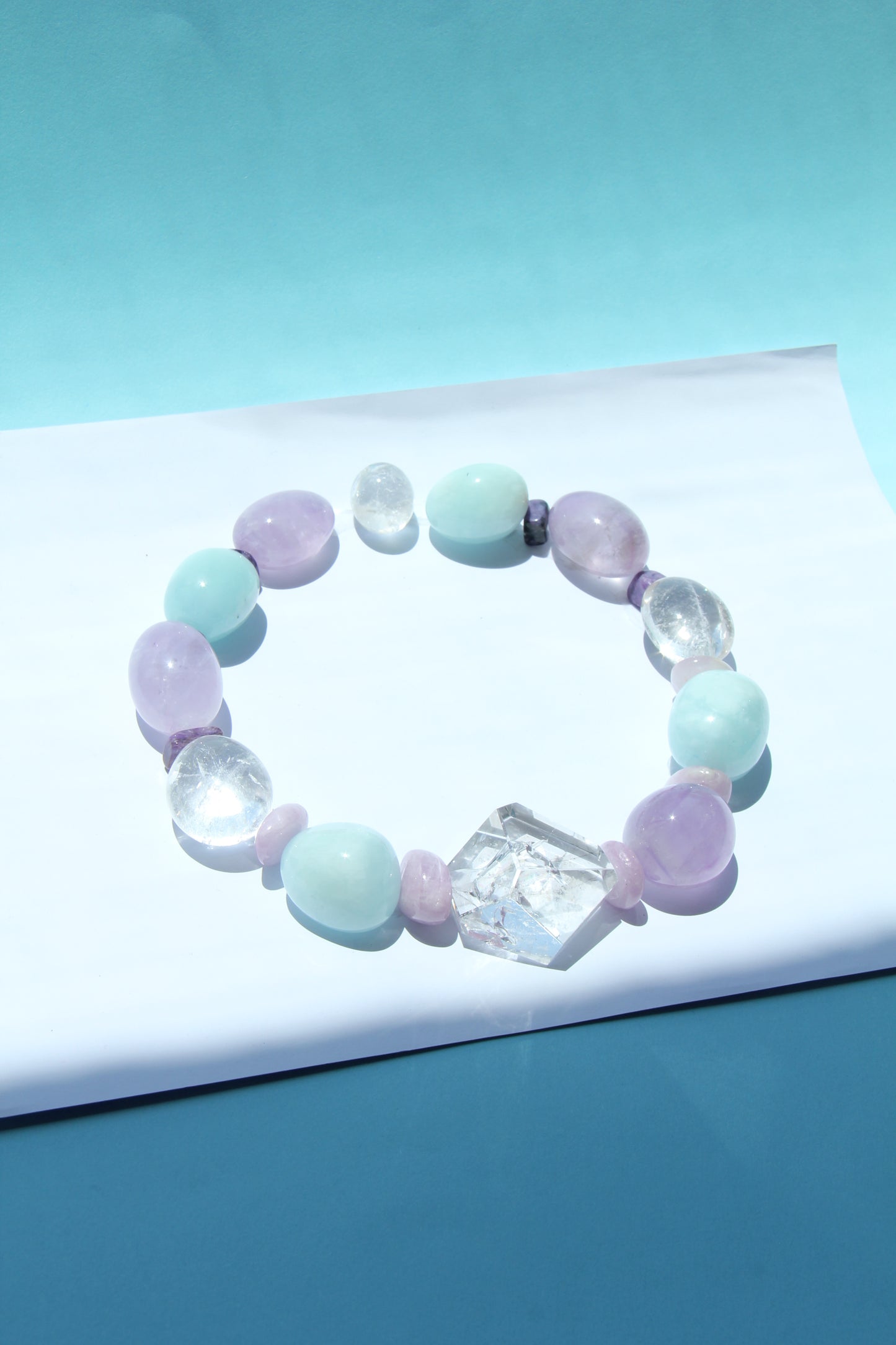 Necklace: clear quartz, aquamarine, amethyst, kunzite, charoite