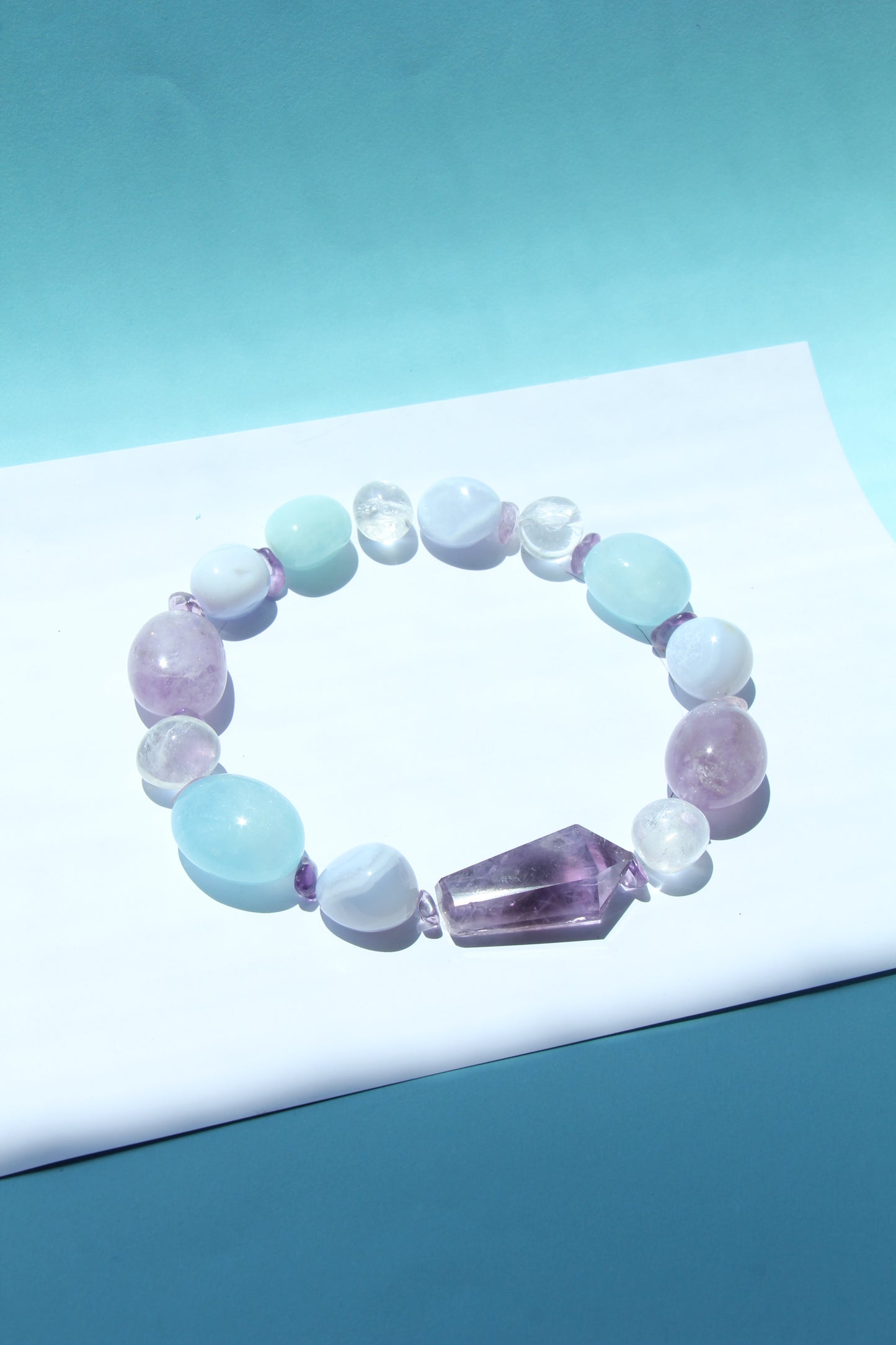 Necklace: amethyst, blue lace agate, aquamarine