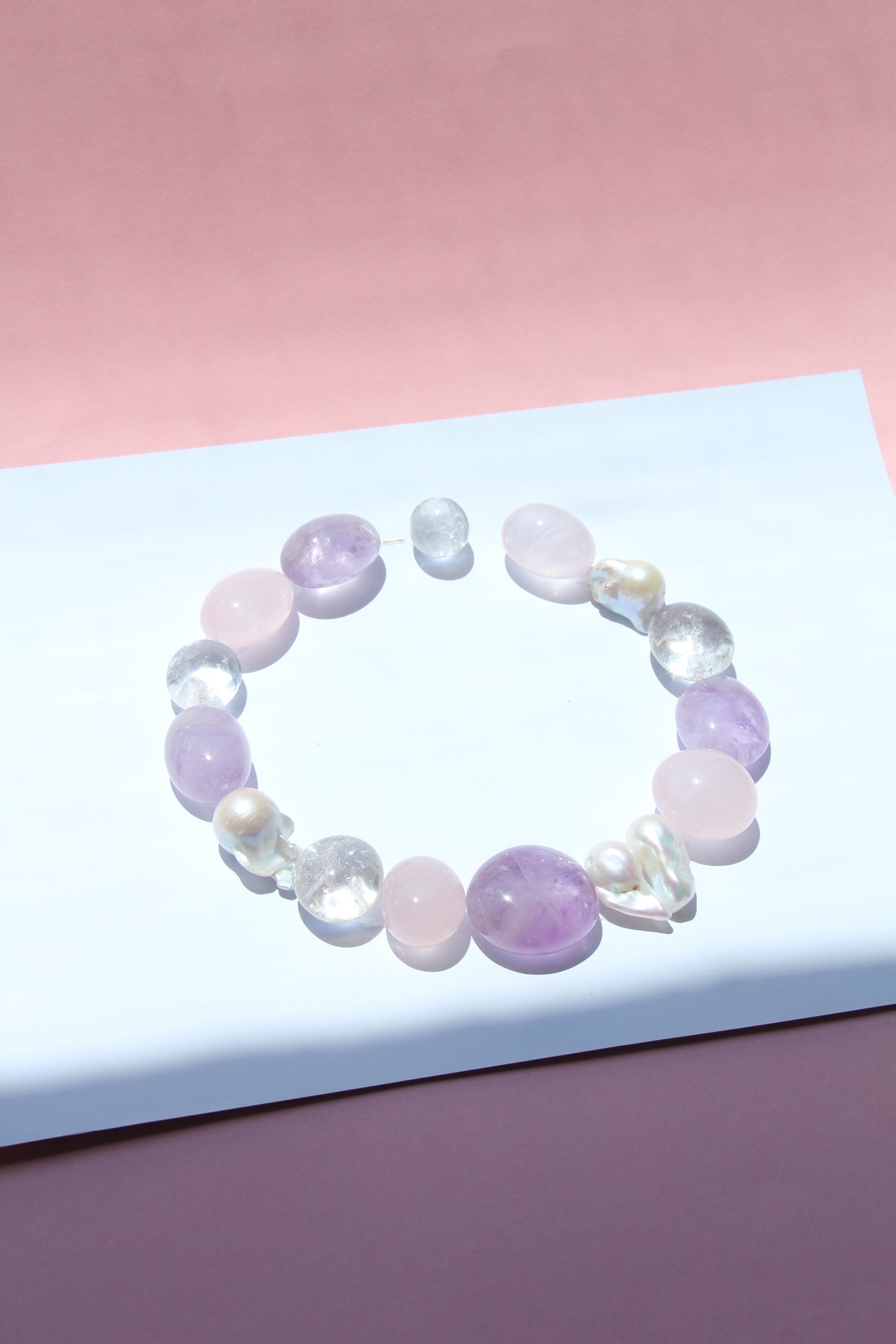 Necklace: rose quartz, amethyst, pearls, quartz