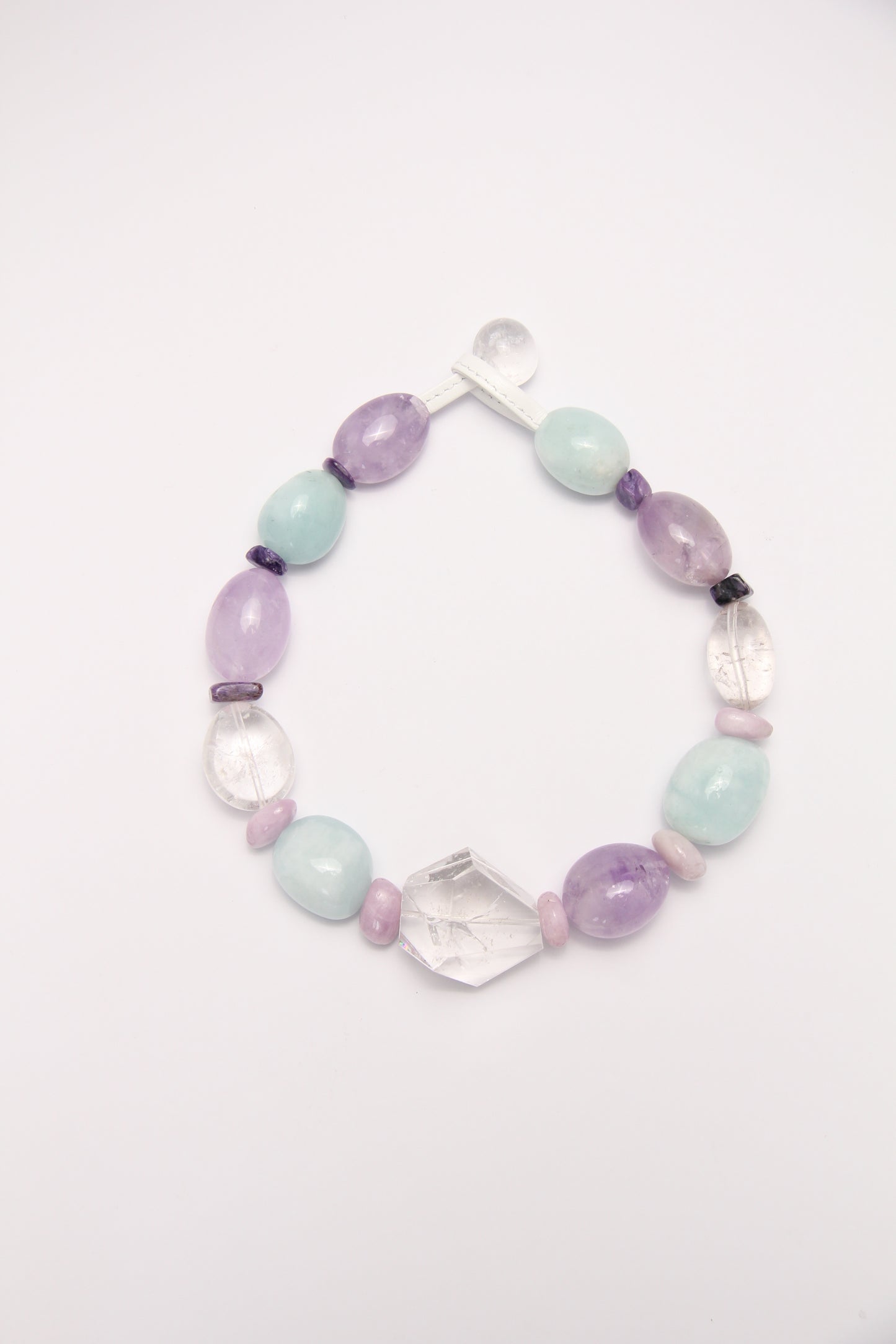 Necklace: clear quartz, aquamarine, amethyst, kunzite, charoite