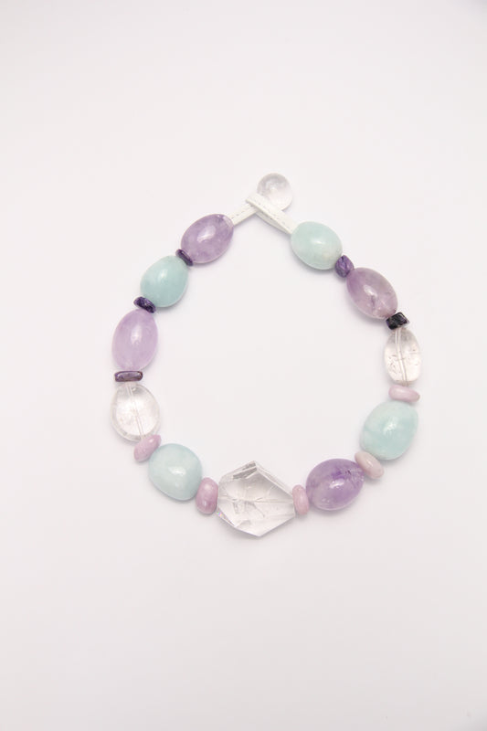 Necklace: clear quartz, aquamarine, amethyst, kunzite, charoite