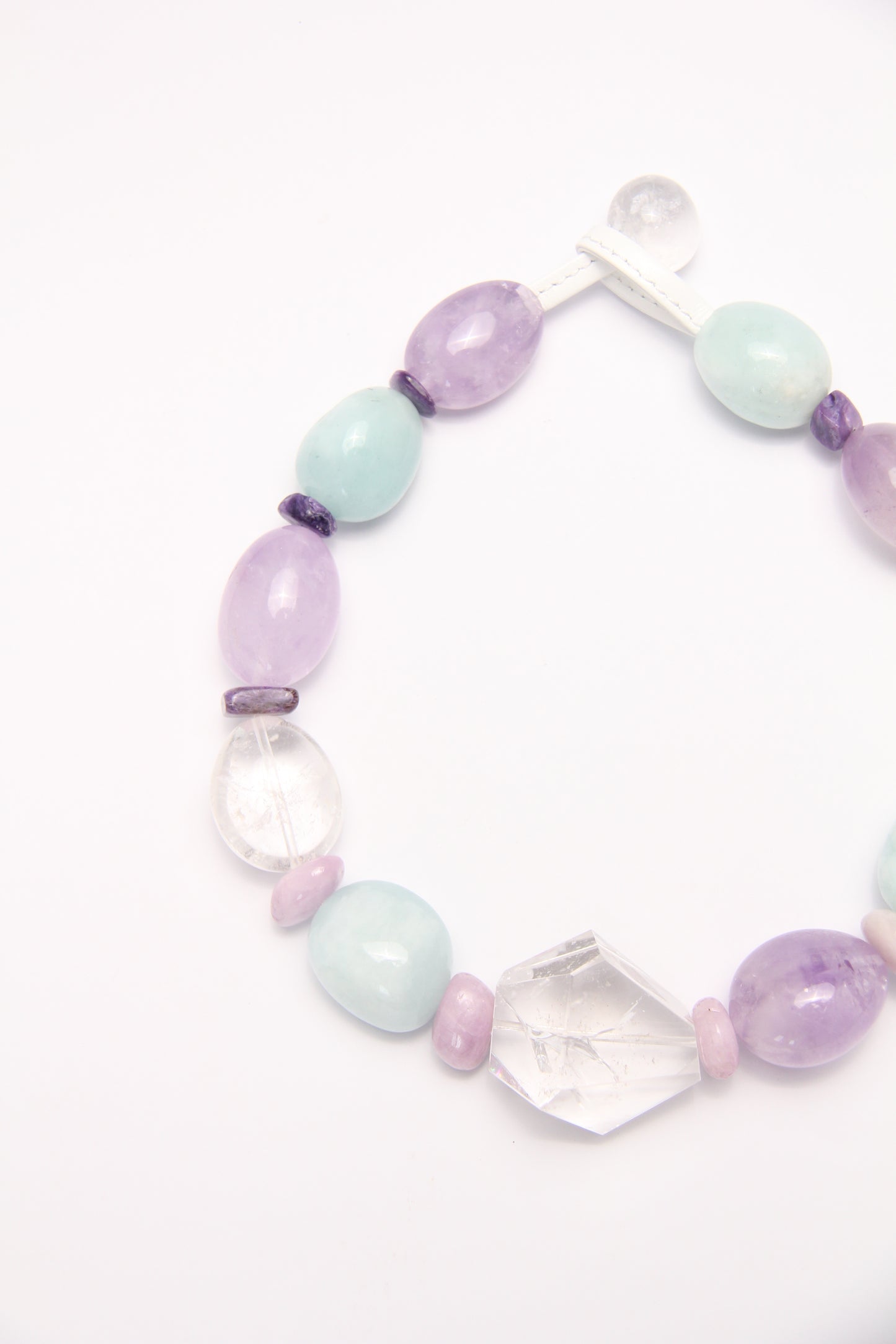 Necklace: clear quartz, aquamarine, amethyst, kunzite, charoite