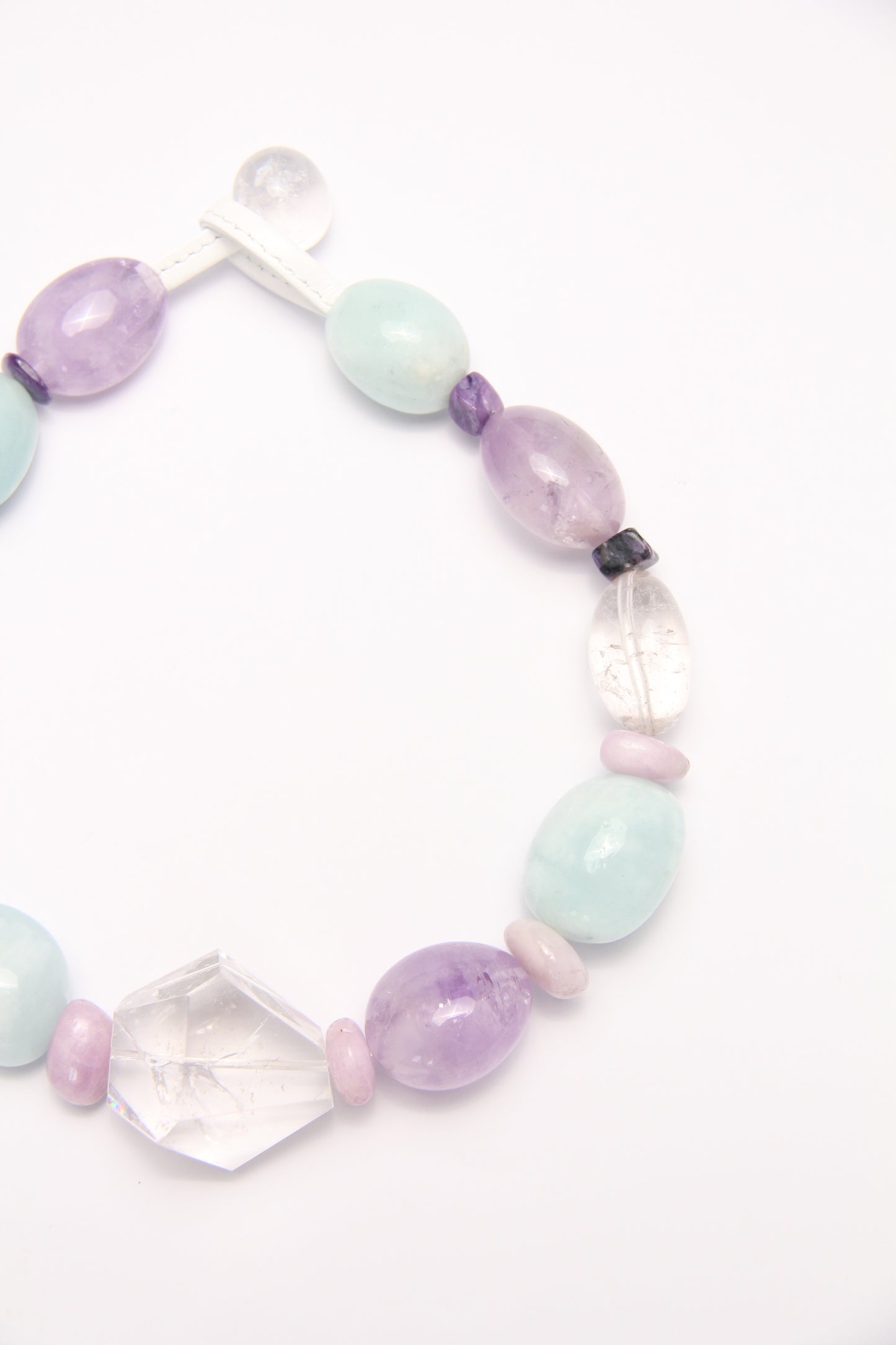 Necklace: clear quartz, aquamarine, amethyst, kunzite, charoite