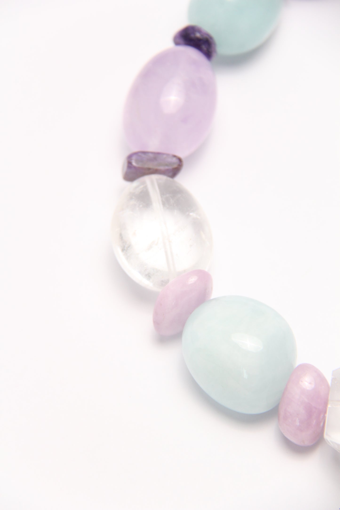 Necklace: clear quartz, aquamarine, amethyst, kunzite, charoite