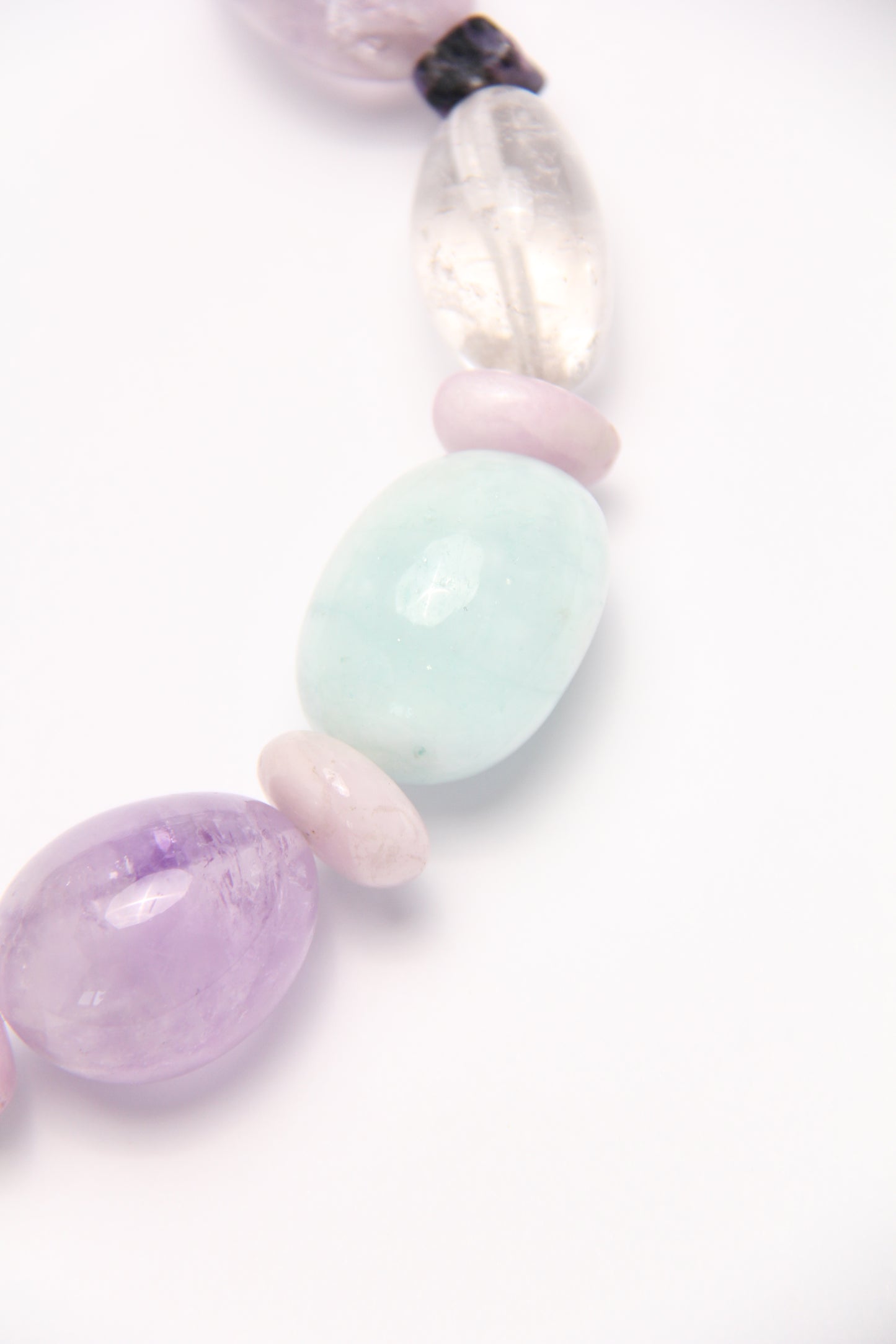 Necklace: clear quartz, aquamarine, amethyst, kunzite, charoite