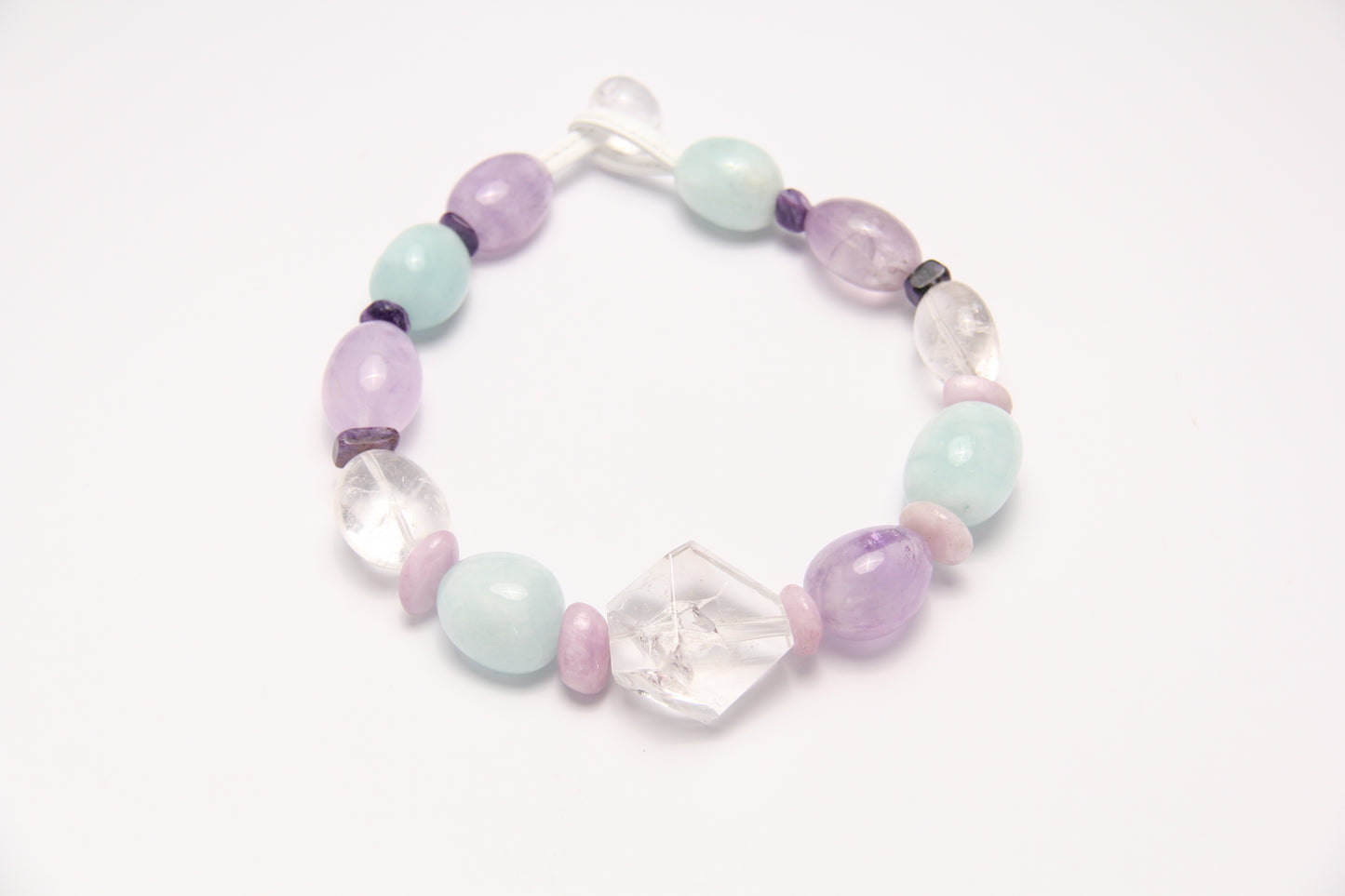 Necklace: clear quartz, aquamarine, amethyst, kunzite, charoite