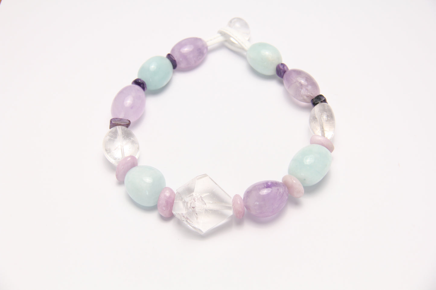 Necklace: clear quartz, aquamarine, amethyst, kunzite, charoite