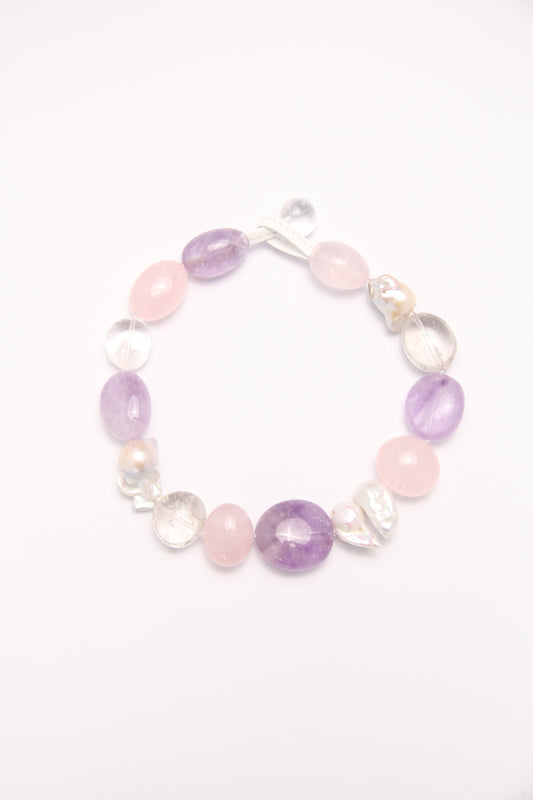 Necklace: rose quartz, amethyst, pearls, quartz