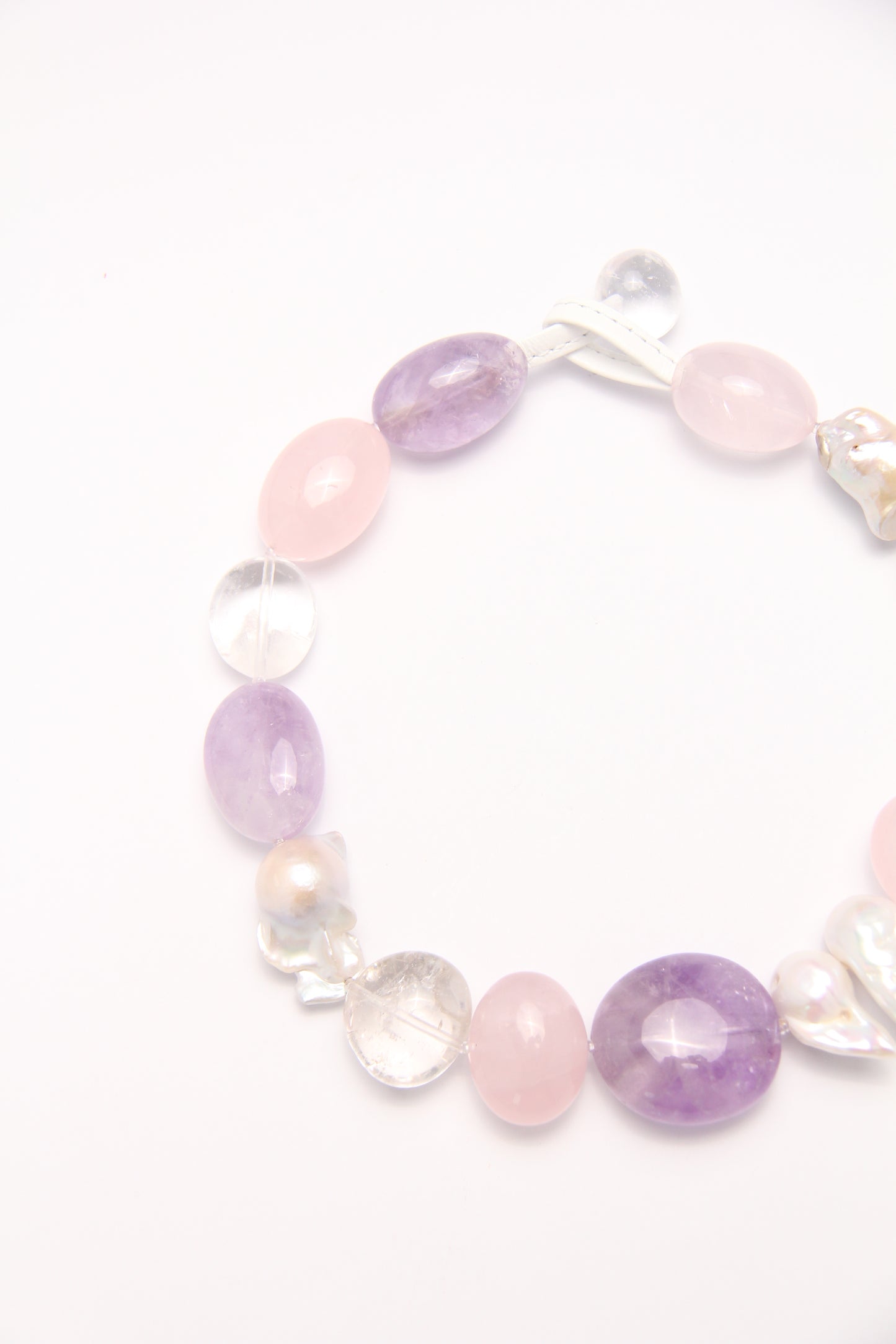 Necklace: rose quartz, amethyst, pearls, quartz