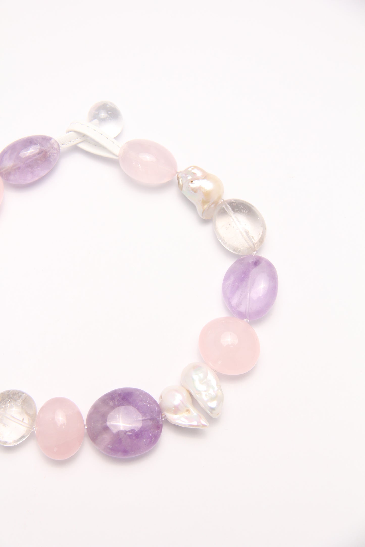 Necklace: rose quartz, amethyst, pearls, quartz