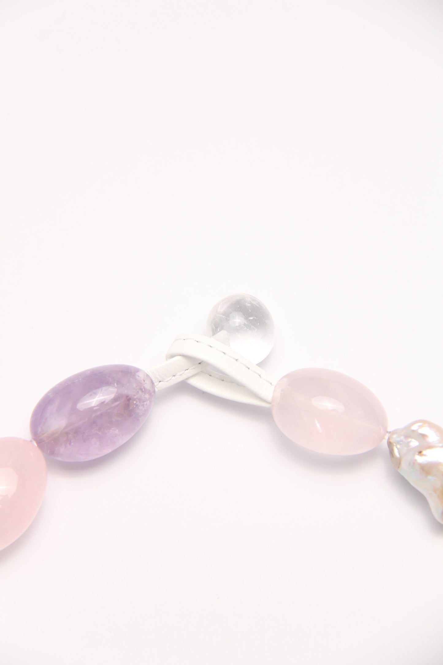 Necklace: rose quartz, amethyst, pearls, quartz