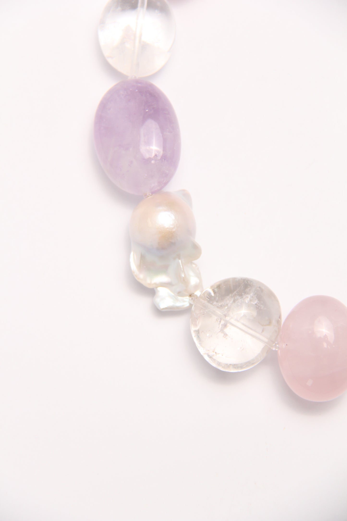 Necklace: rose quartz, amethyst, pearls, quartz