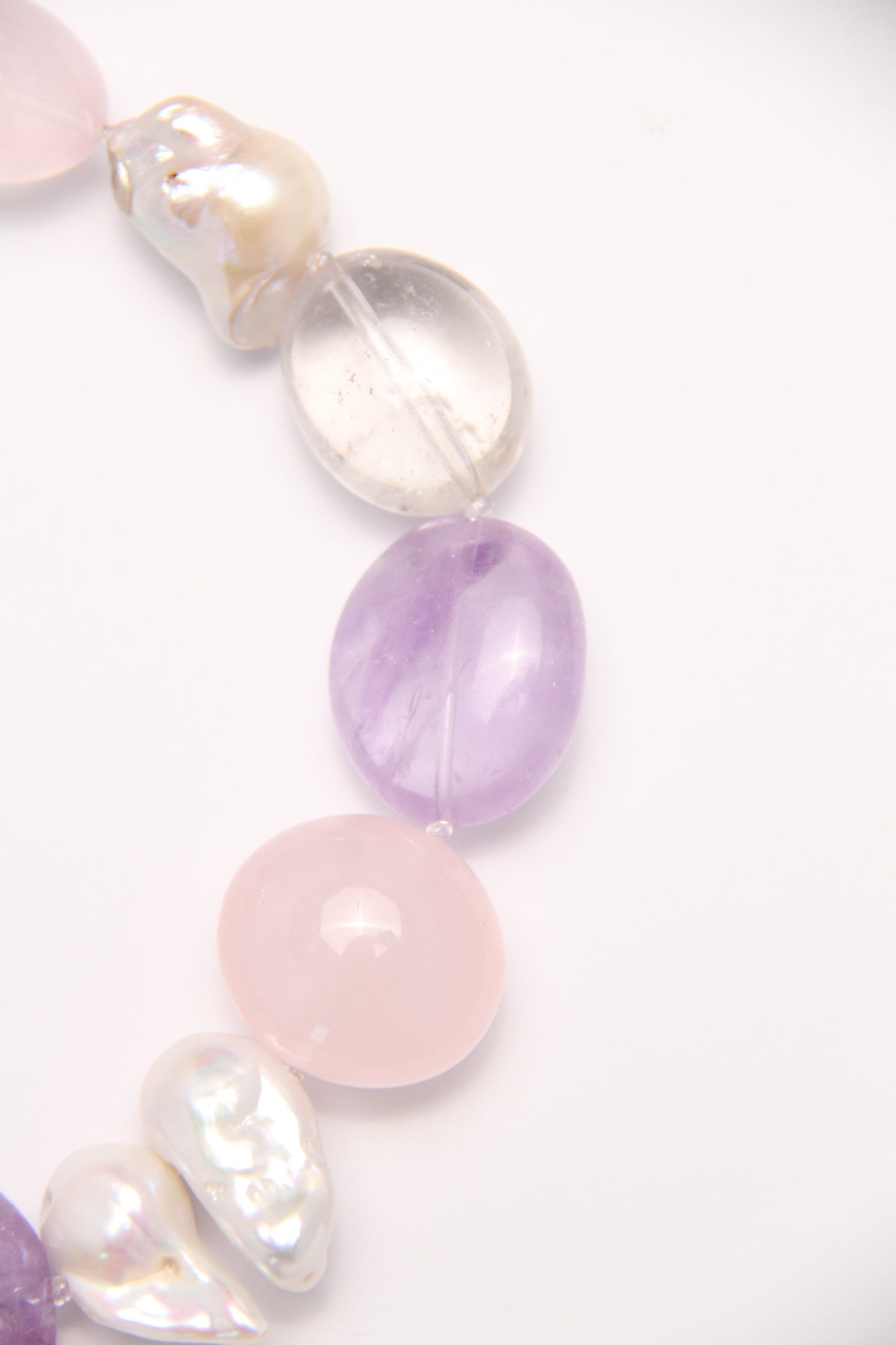 Necklace: rose quartz, amethyst, pearls, quartz