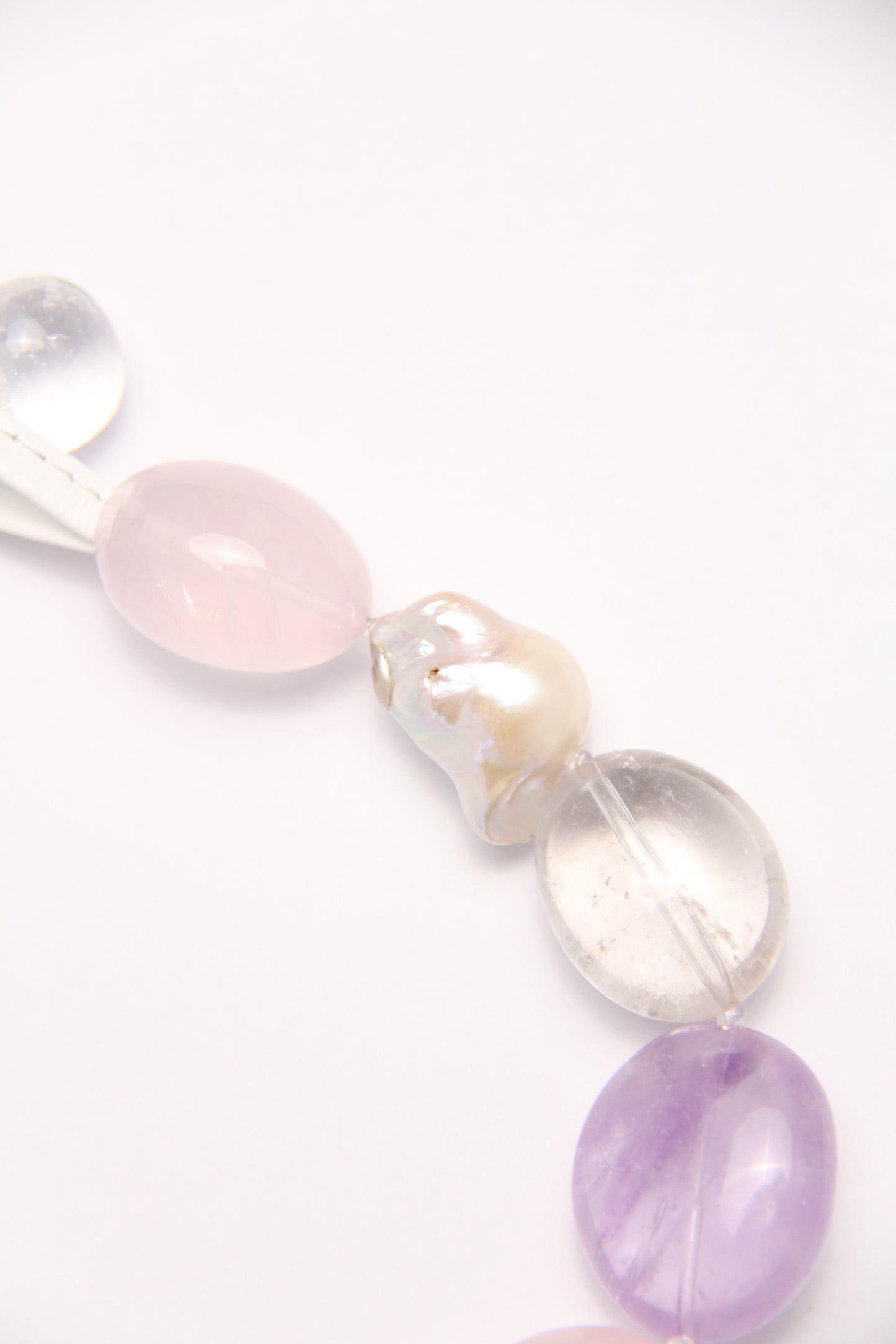 Necklace: rose quartz, amethyst, pearls, quartz