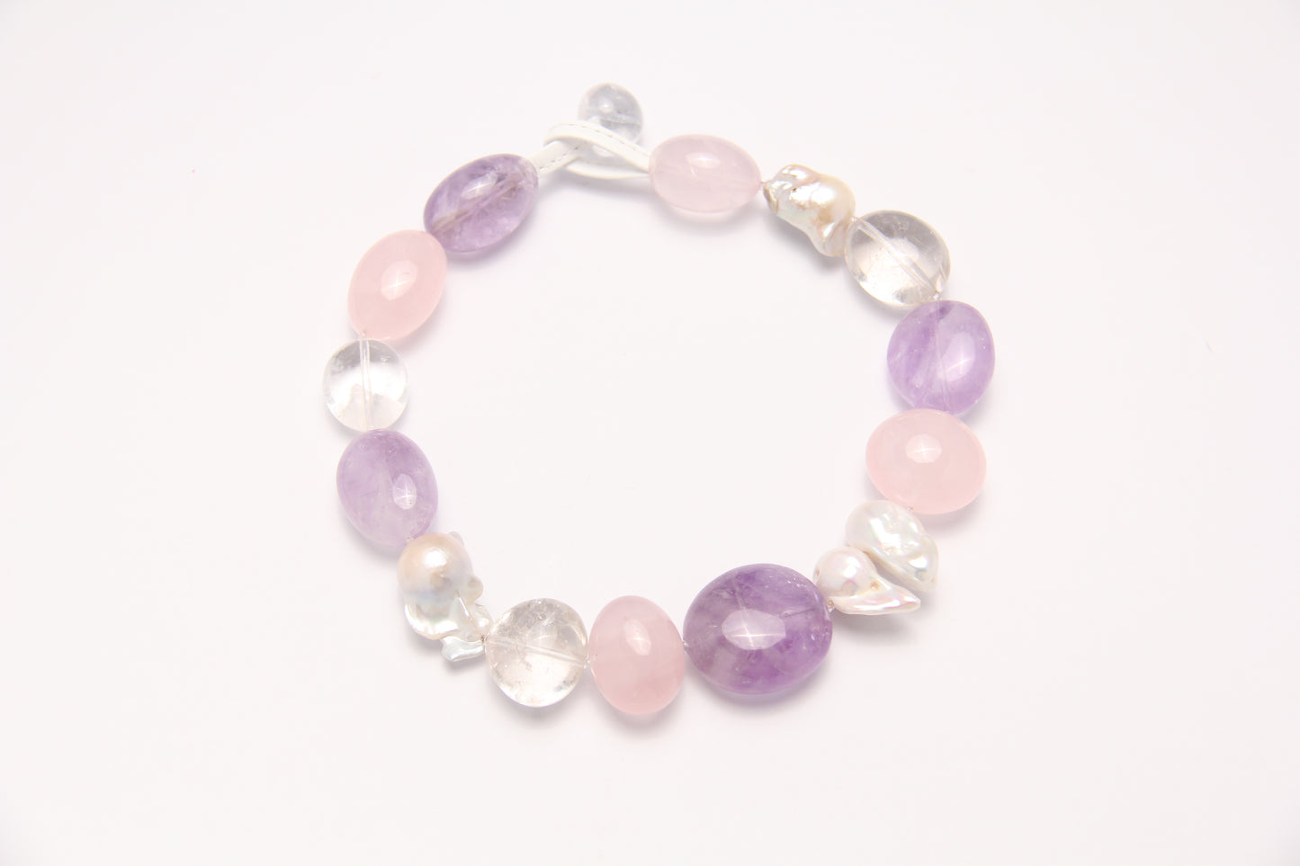 Necklace: rose quartz, amethyst, pearls, quartz