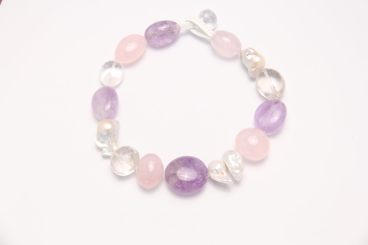 Necklace: rose quartz, amethyst, pearls, quartz