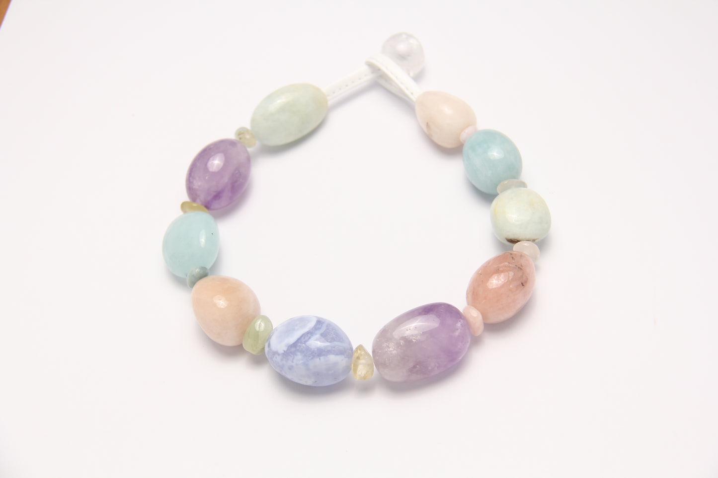 Necklace: blue lace agate, amethyst, morganite, aquamarine