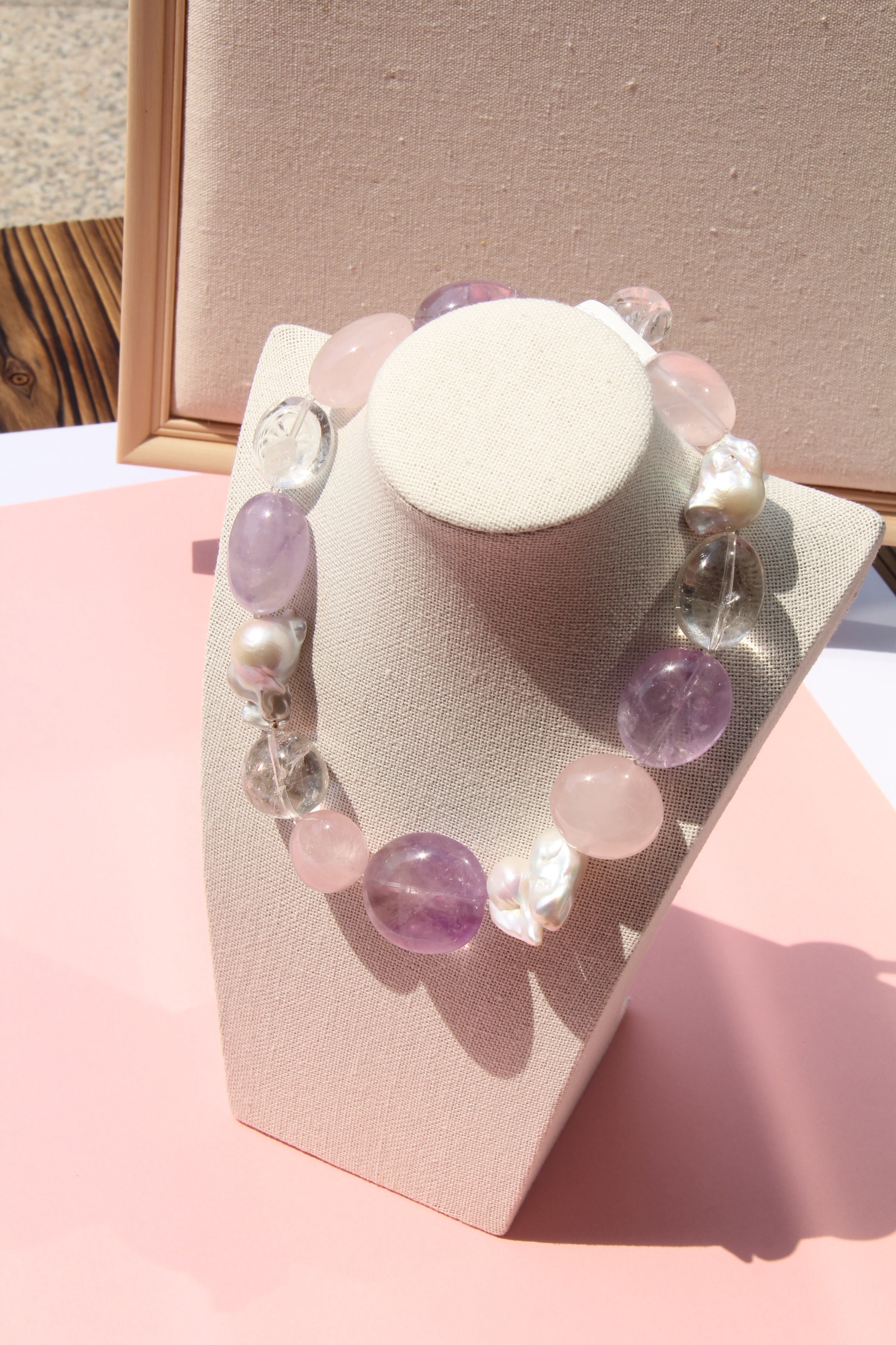 OOAK, rose online quartz necklace, pearl jewelry, beaded necklace