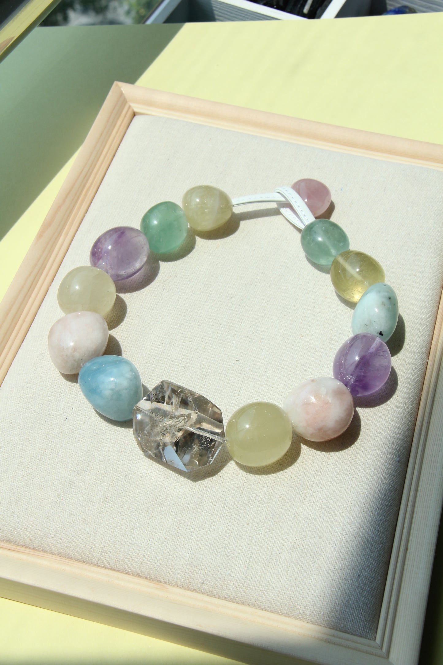 Necklace: smoky quartz, morganite, citrine, aquamarine, amethyst, fluorite