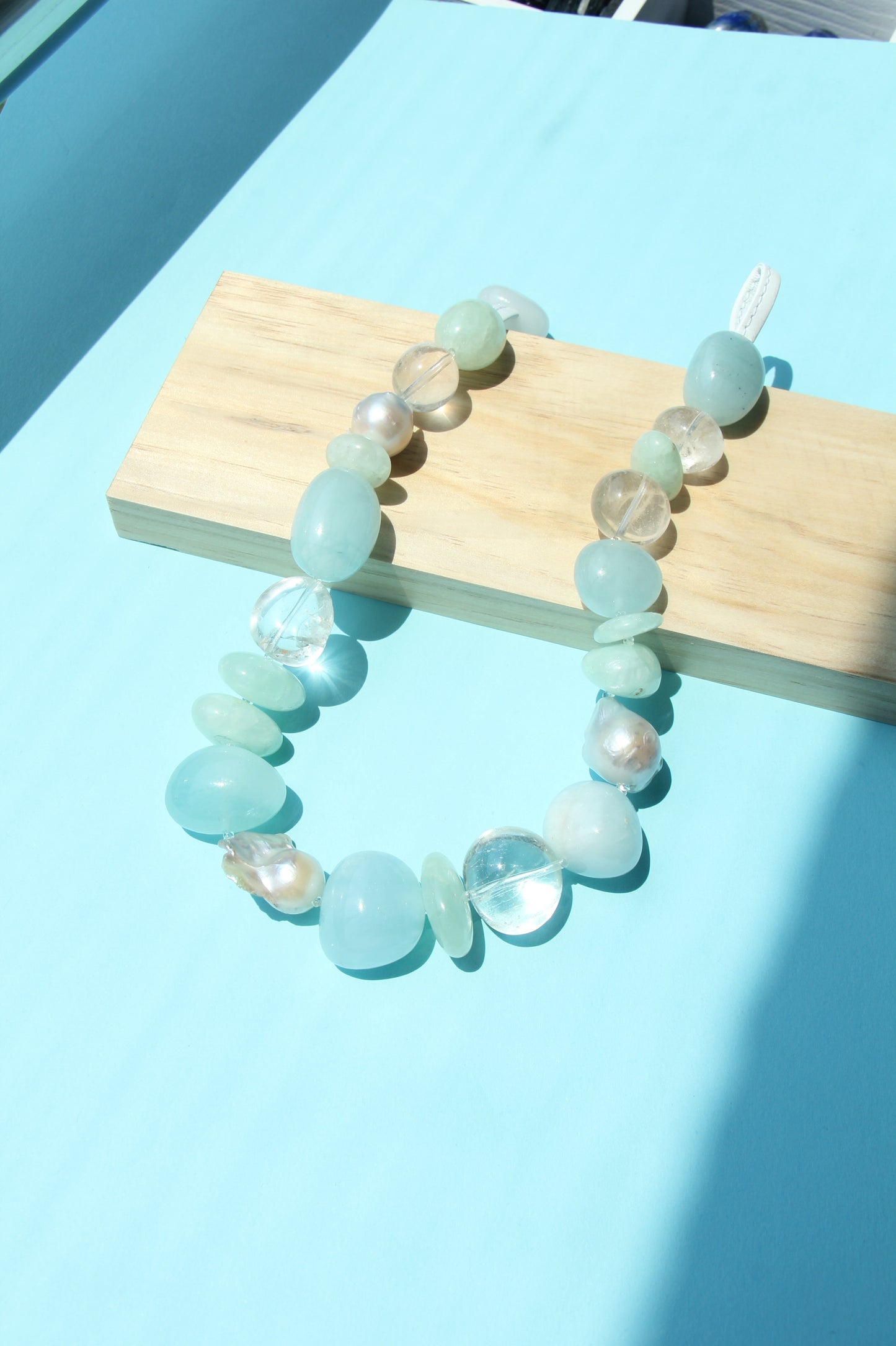 Necklace: aquamarine, prehnite, pearls, quartz