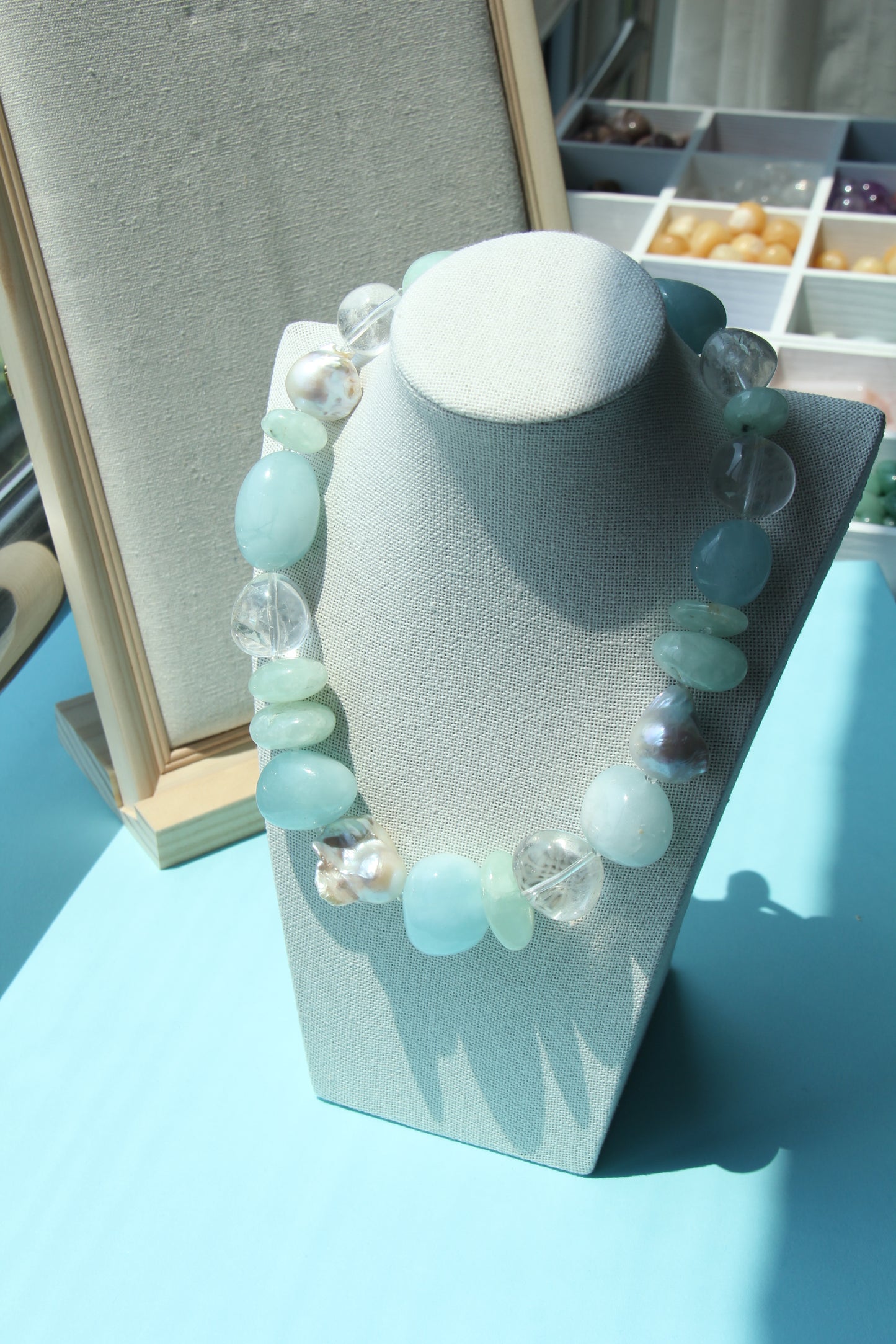 Necklace: aquamarine, prehnite, pearls, quartz