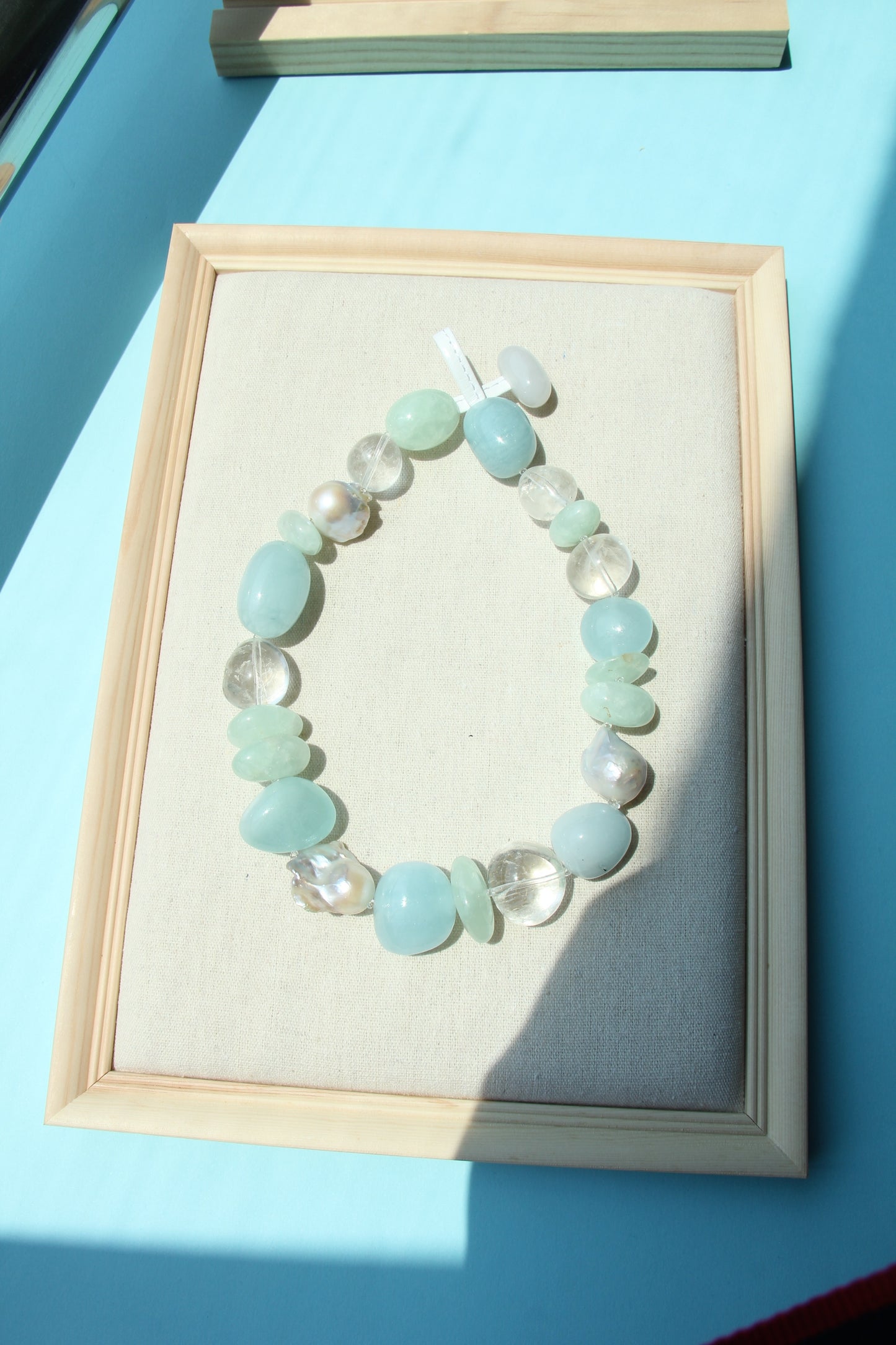 Necklace: aquamarine, prehnite, pearls, quartz