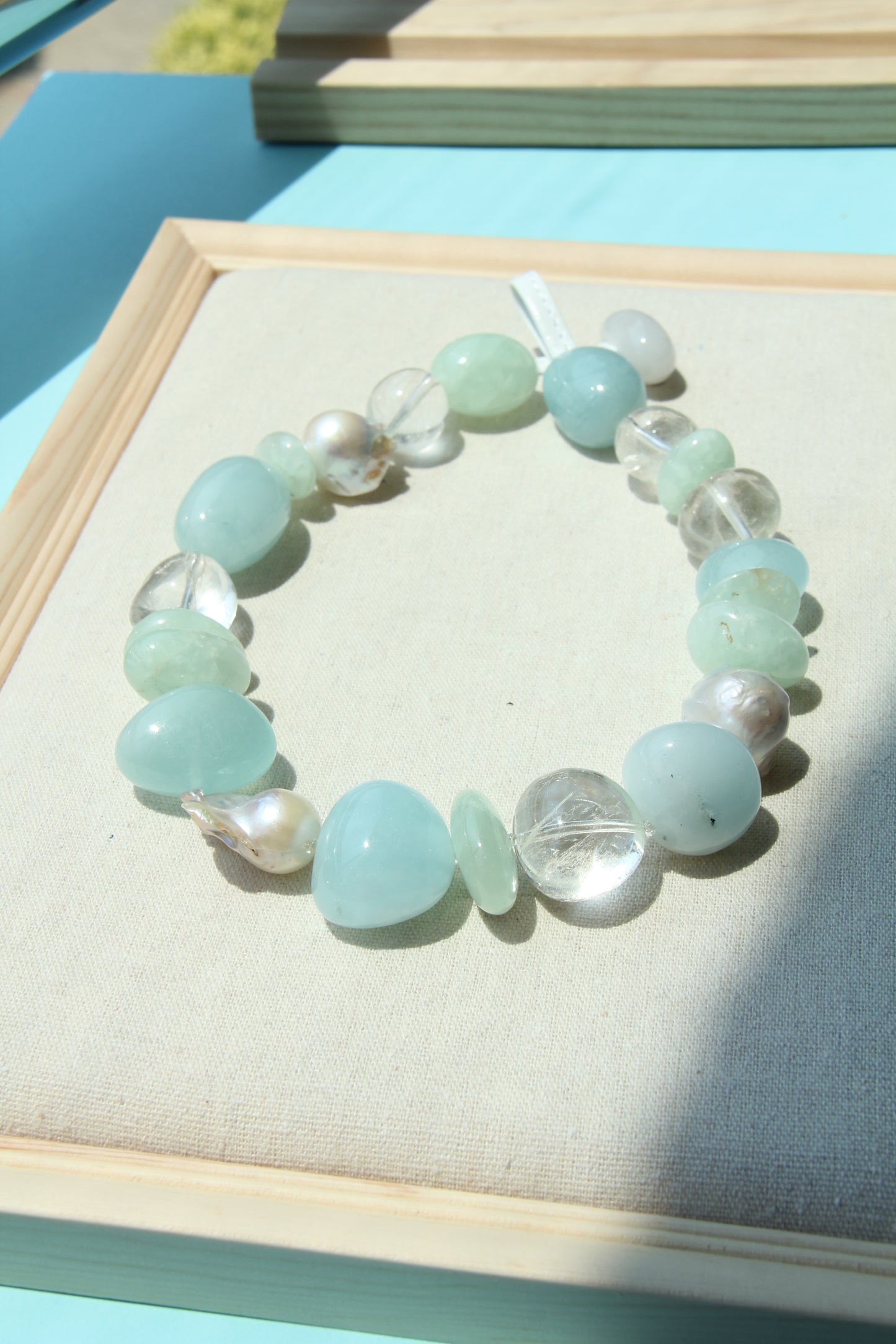 Necklace: aquamarine, prehnite, pearls, quartz