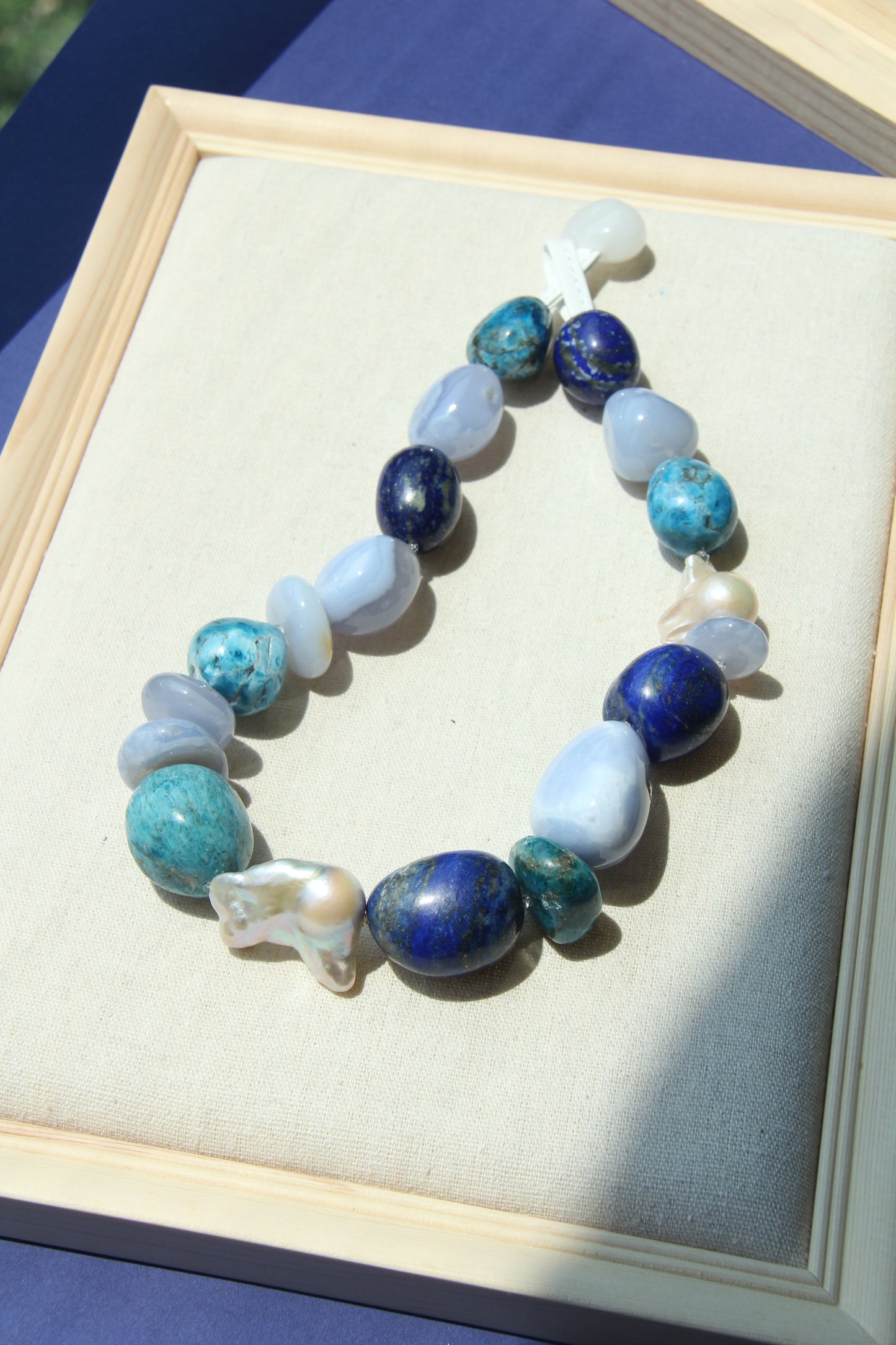 Necklace: blue lace agate, blue apatite, pearls, lapis lazuli