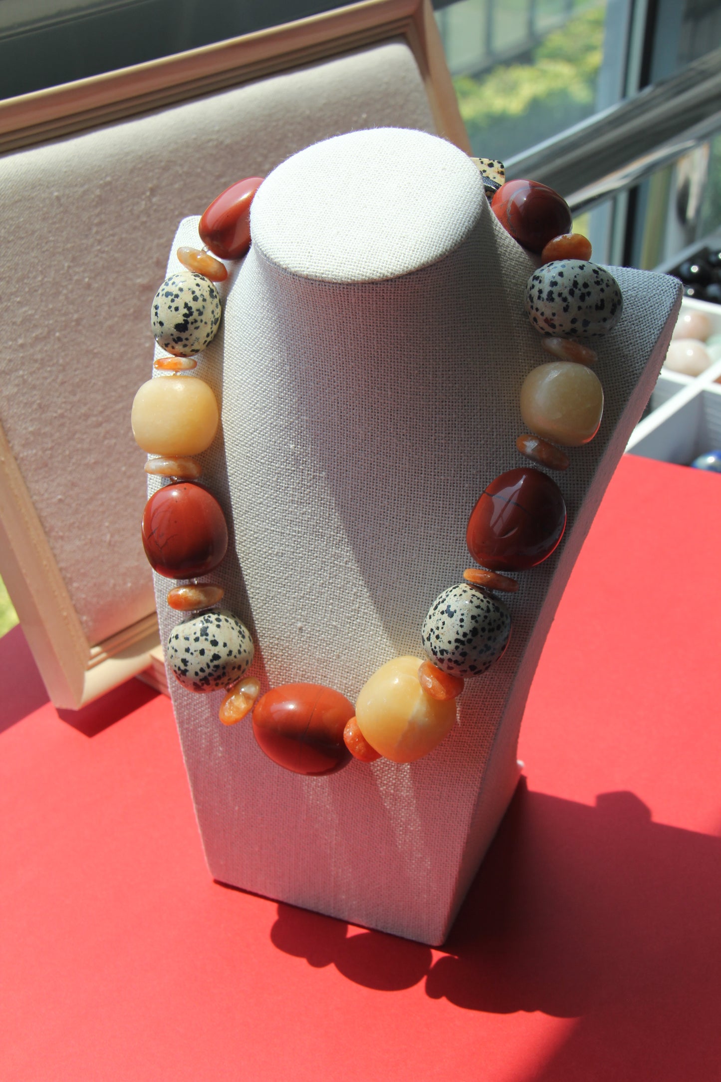 Necklace: red jasper stone, cream yellow onyx, dalmatian jasper