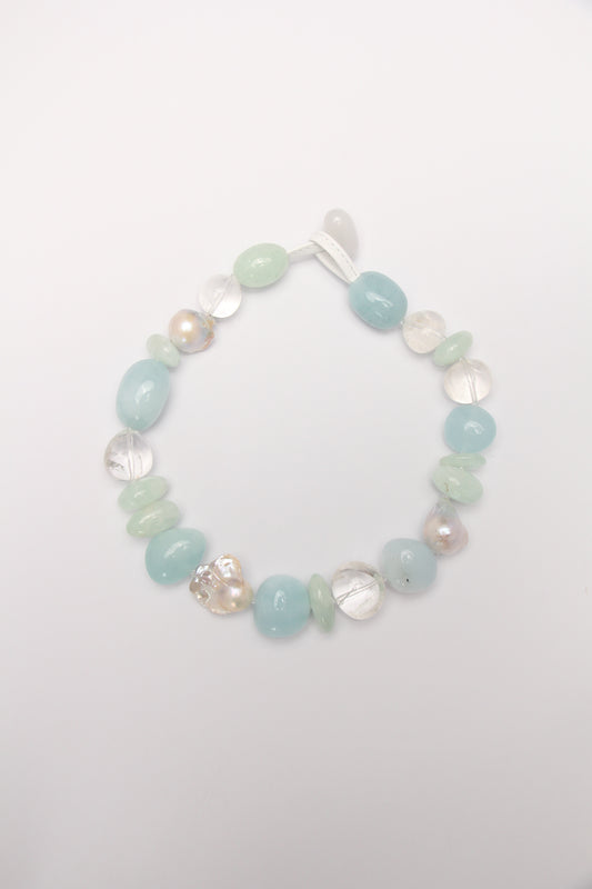 Necklace: aquamarine, prehnite, pearls, quartz