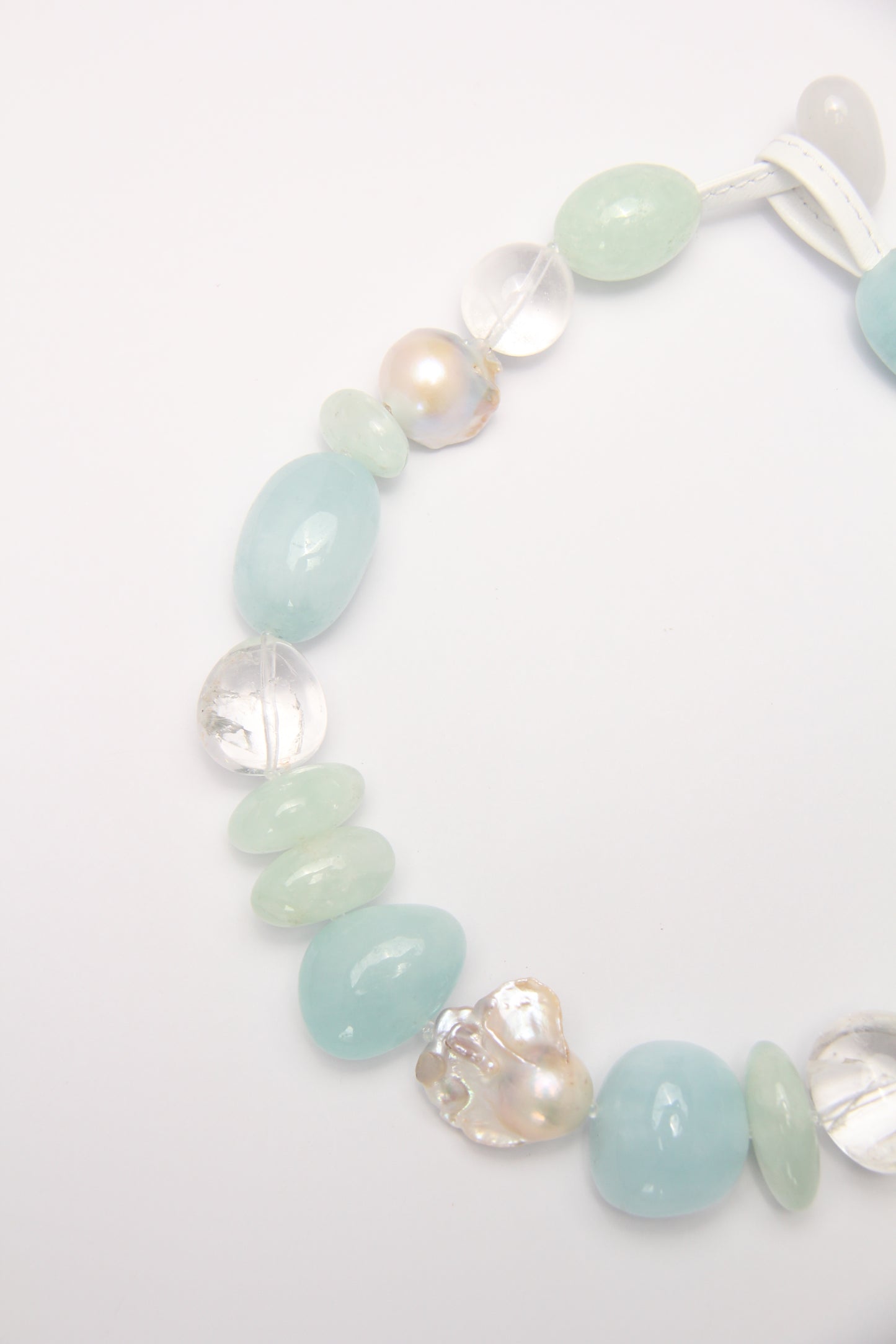 Necklace: aquamarine, prehnite, pearls, quartz