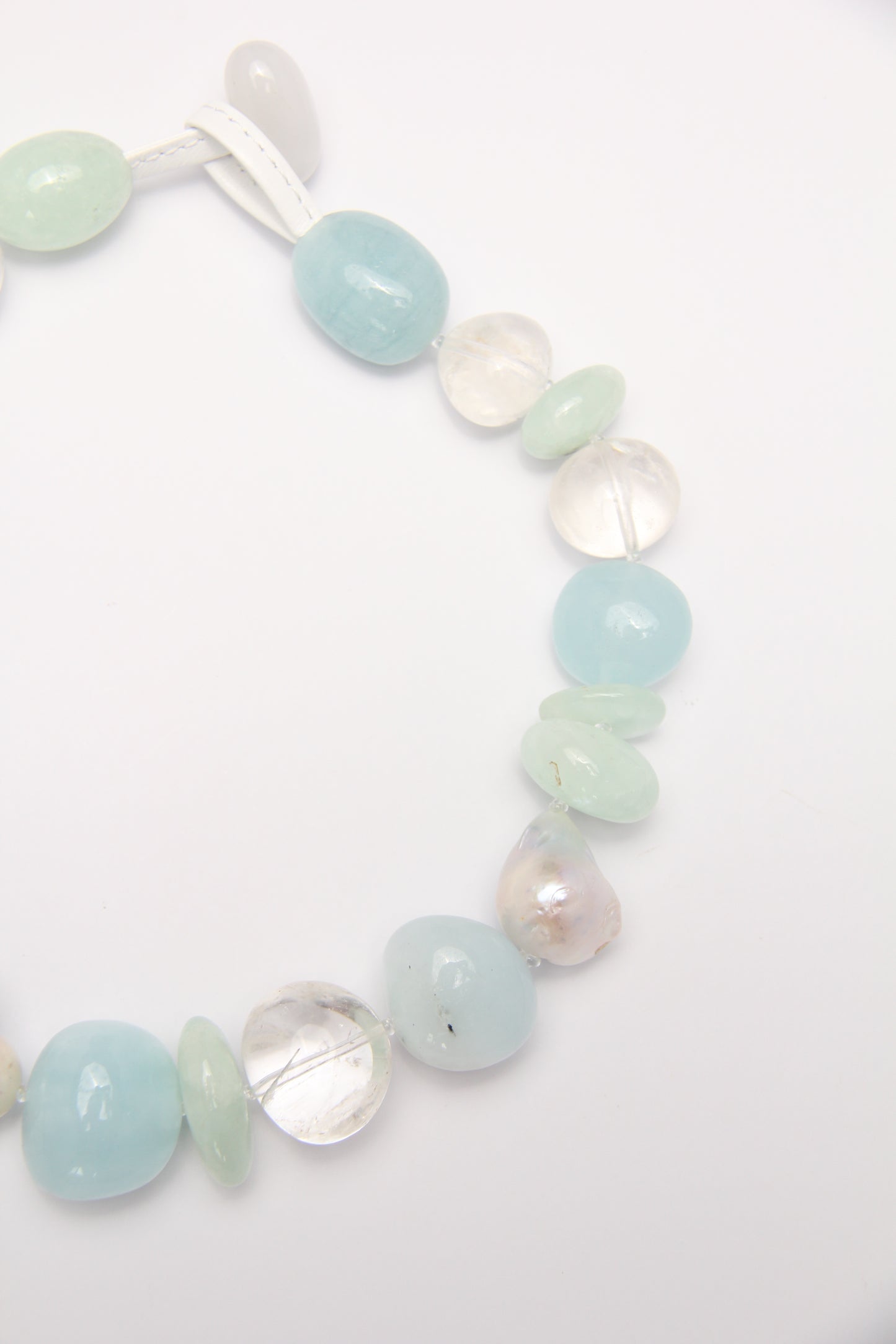 Necklace: aquamarine, prehnite, pearls, quartz