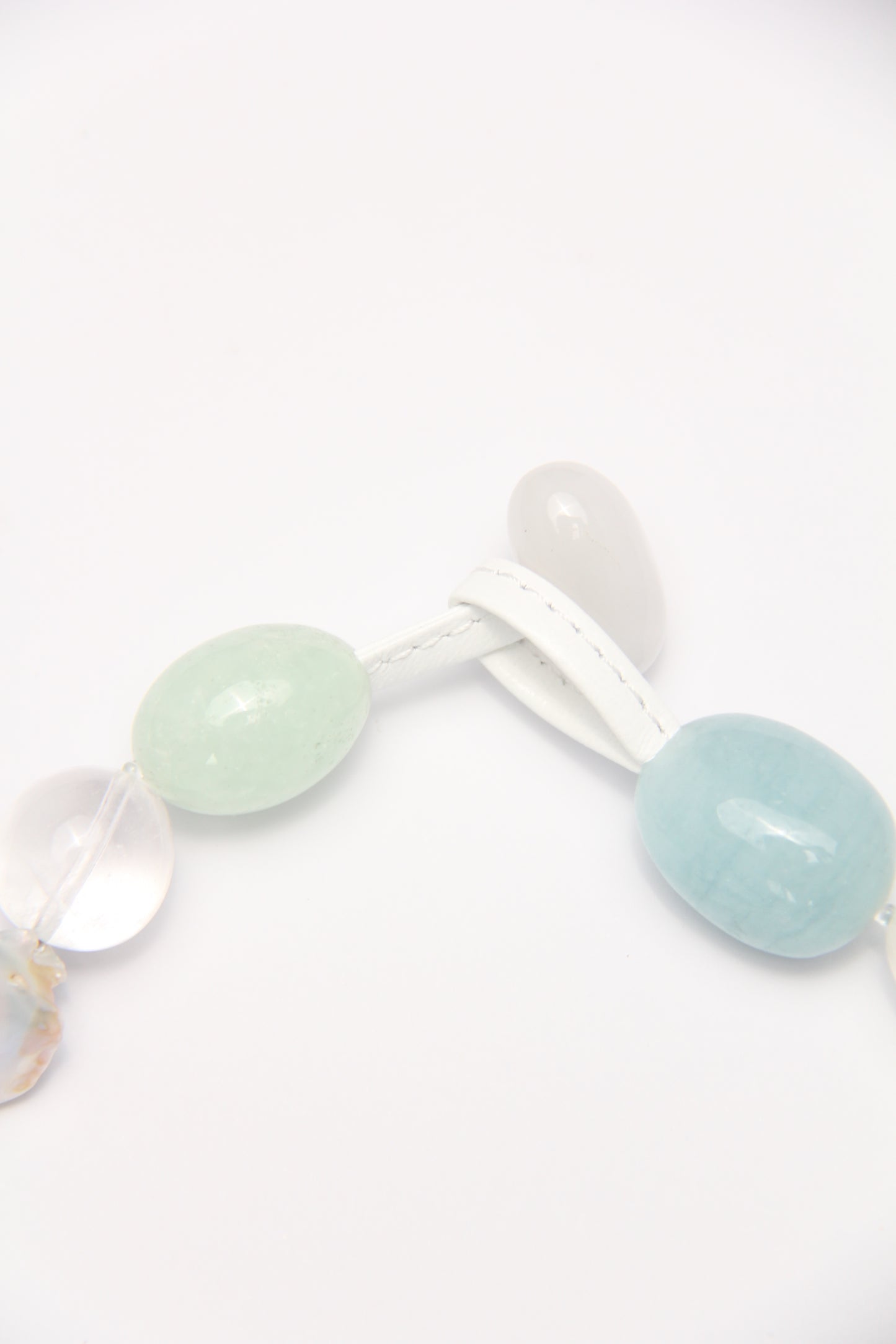 Necklace: aquamarine, prehnite, pearls, quartz