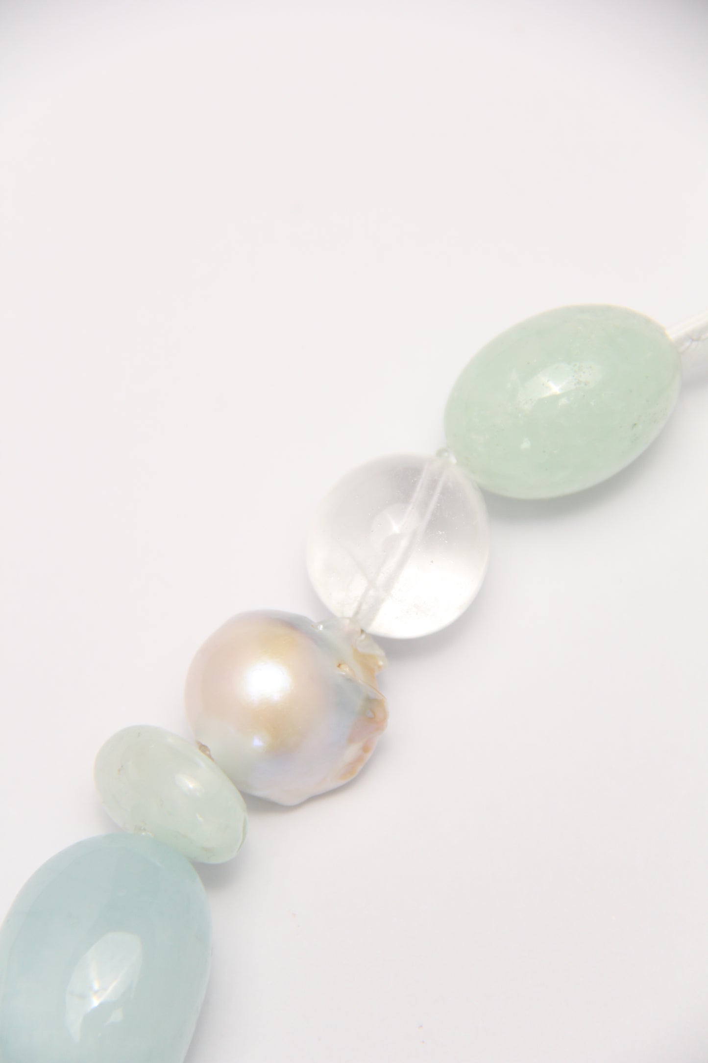 Necklace: aquamarine, prehnite, pearls, quartz