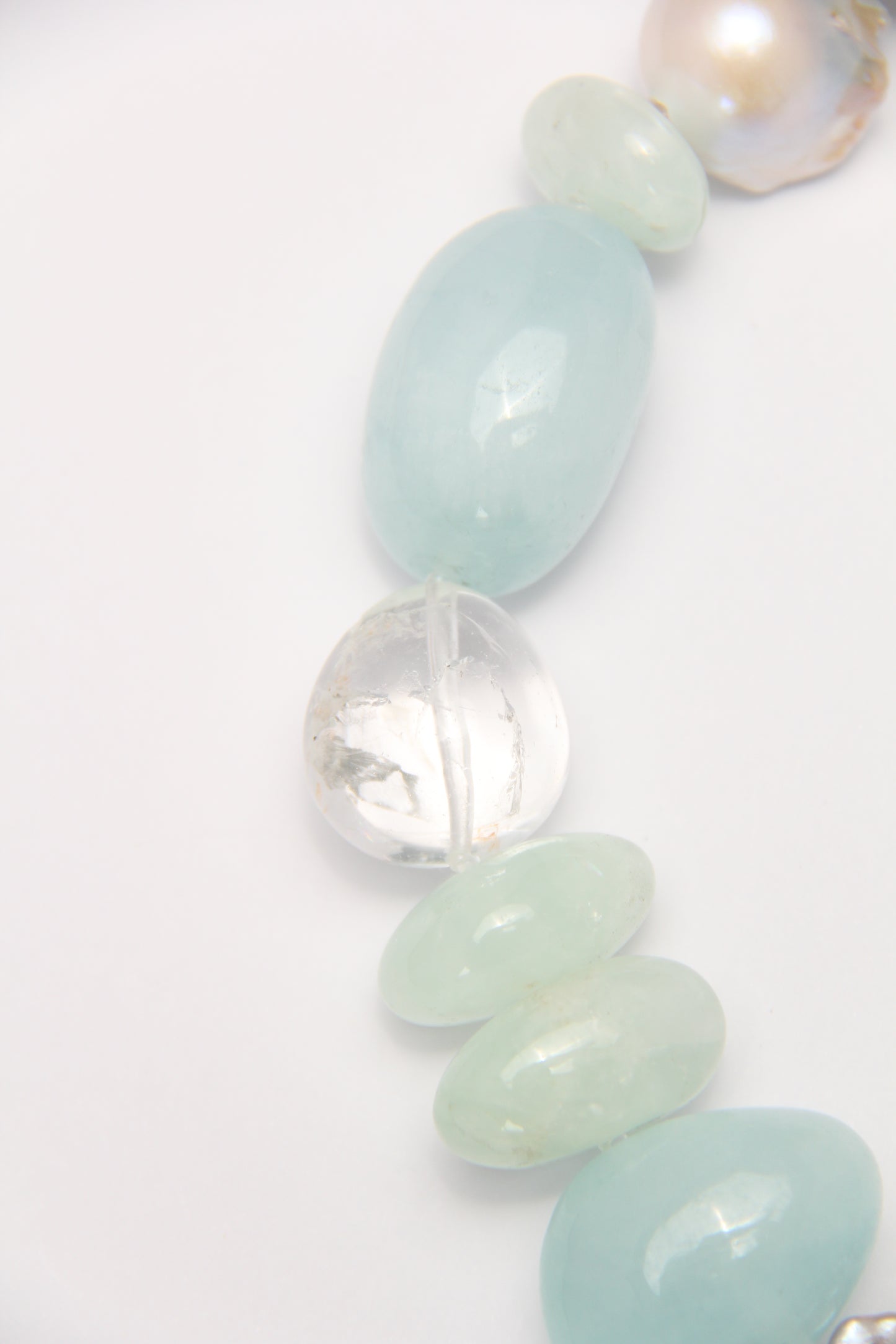 Necklace: aquamarine, prehnite, pearls, quartz