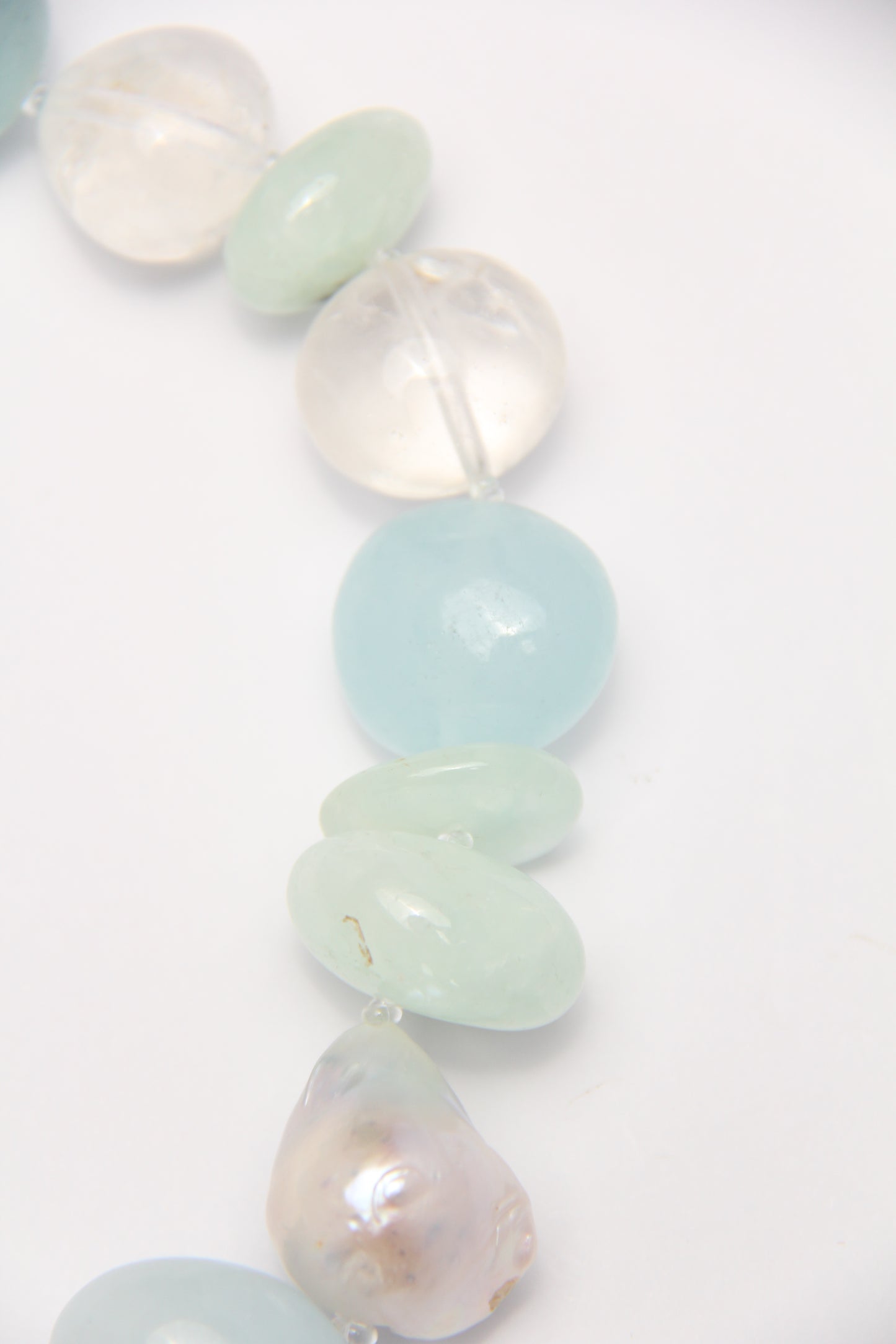 Necklace: aquamarine, prehnite, pearls, quartz