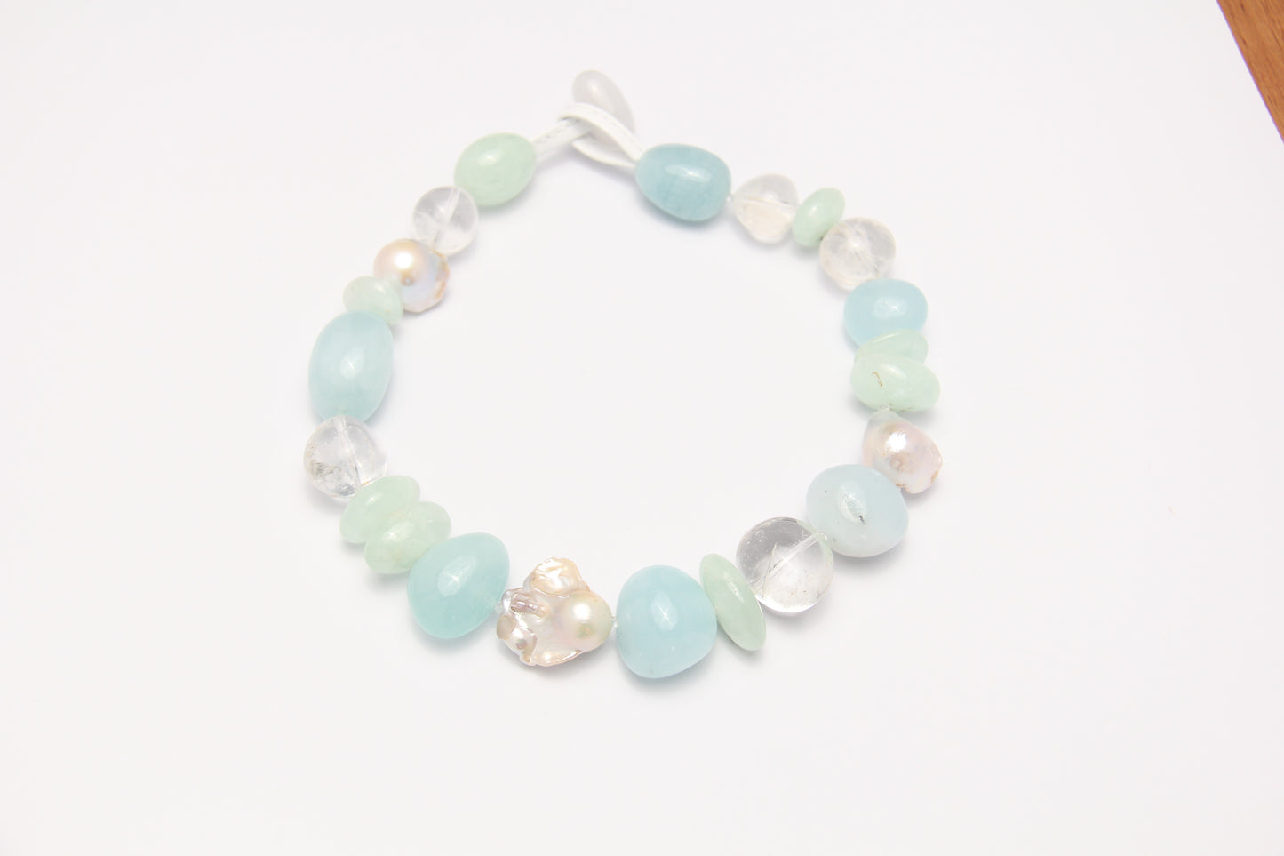 Necklace: aquamarine, prehnite, pearls, quartz