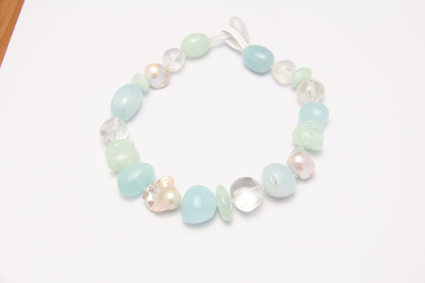 Necklace: aquamarine, prehnite, pearls, quartz