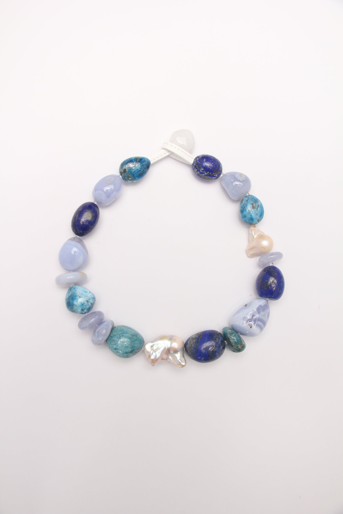 Necklace: blue lace agate, blue apatite, pearls, lapis lazuli