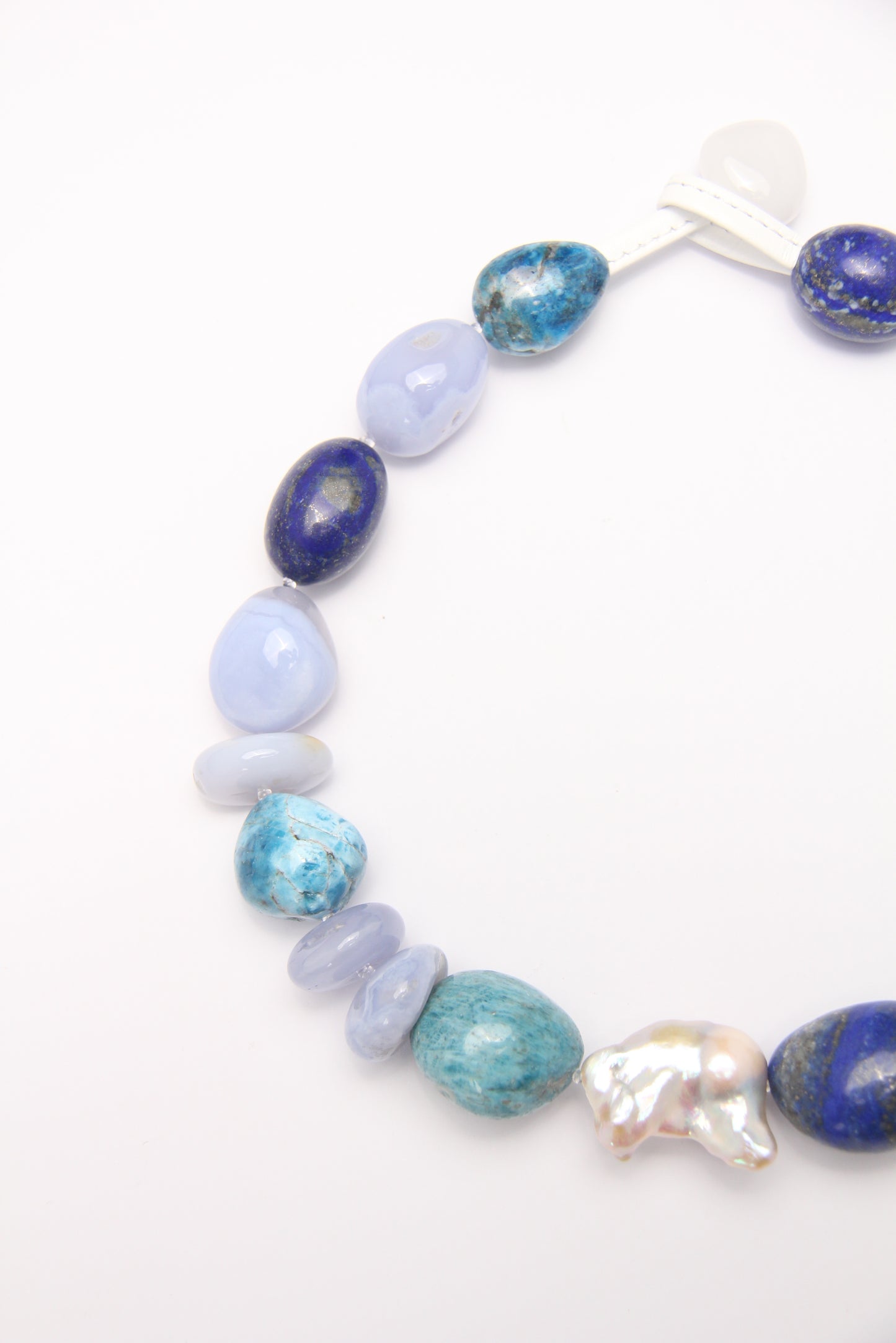 Necklace: blue lace agate, blue apatite, pearls, lapis lazuli