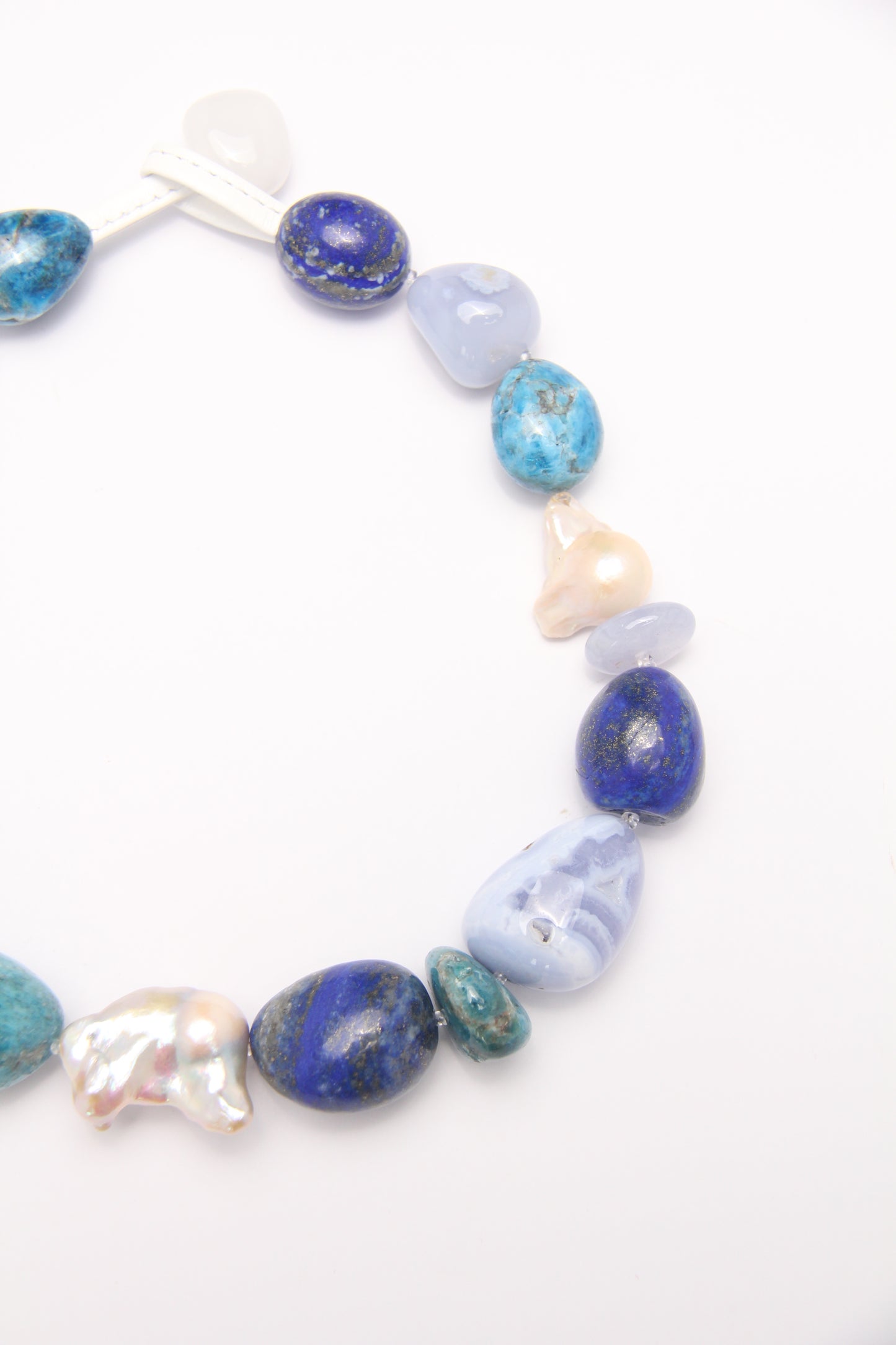 Necklace: blue lace agate, blue apatite, pearls, lapis lazuli