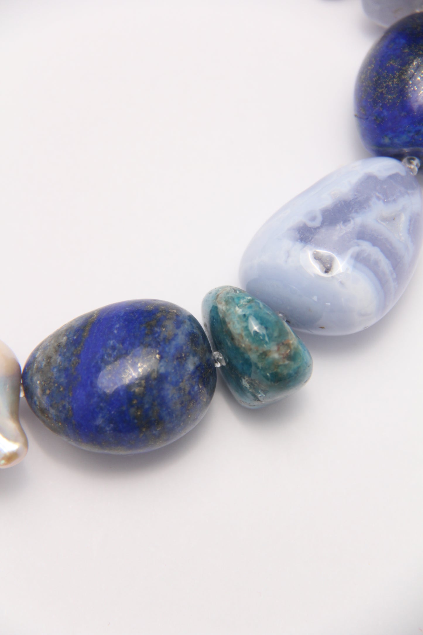 Necklace: blue lace agate, blue apatite, pearls, lapis lazuli