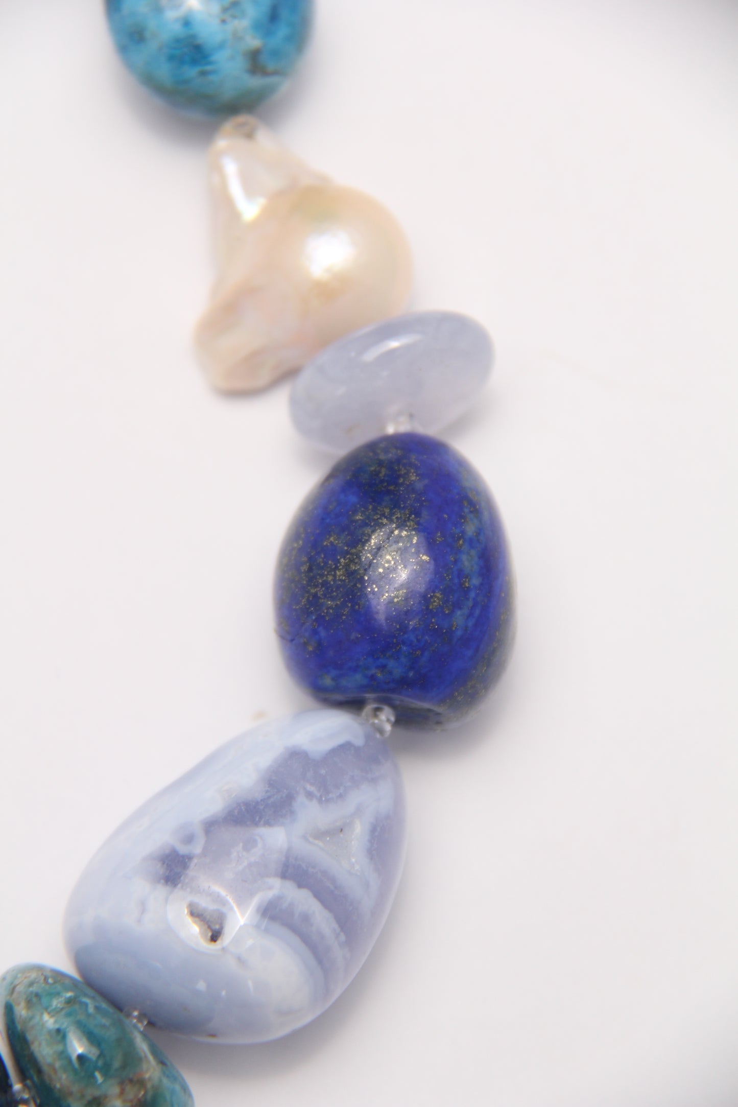 Necklace: blue lace agate, blue apatite, pearls, lapis lazuli