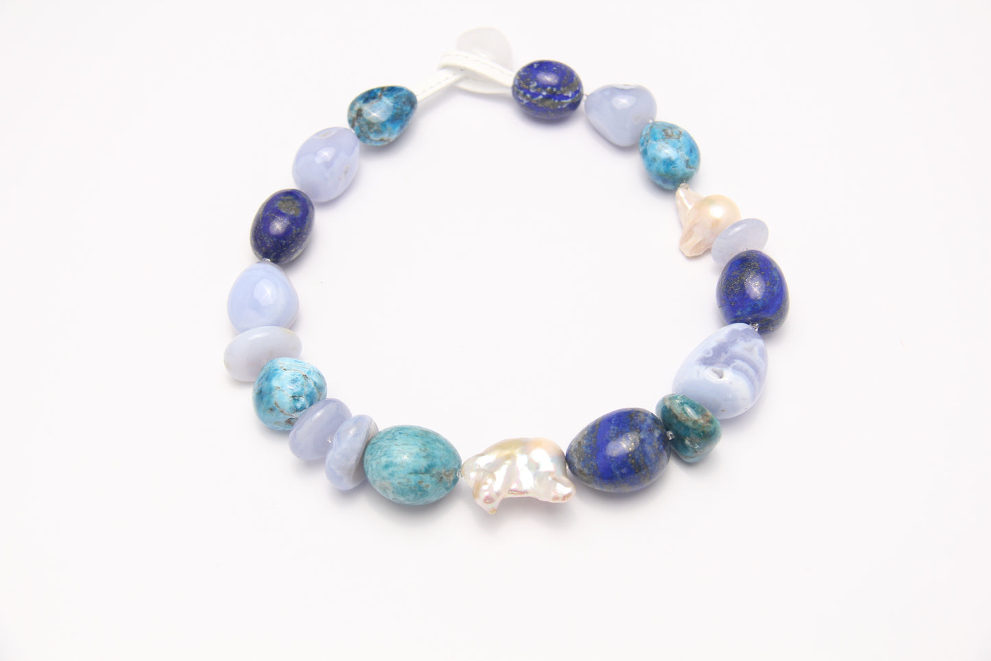 Necklace: blue lace agate, blue apatite, pearls, lapis lazuli