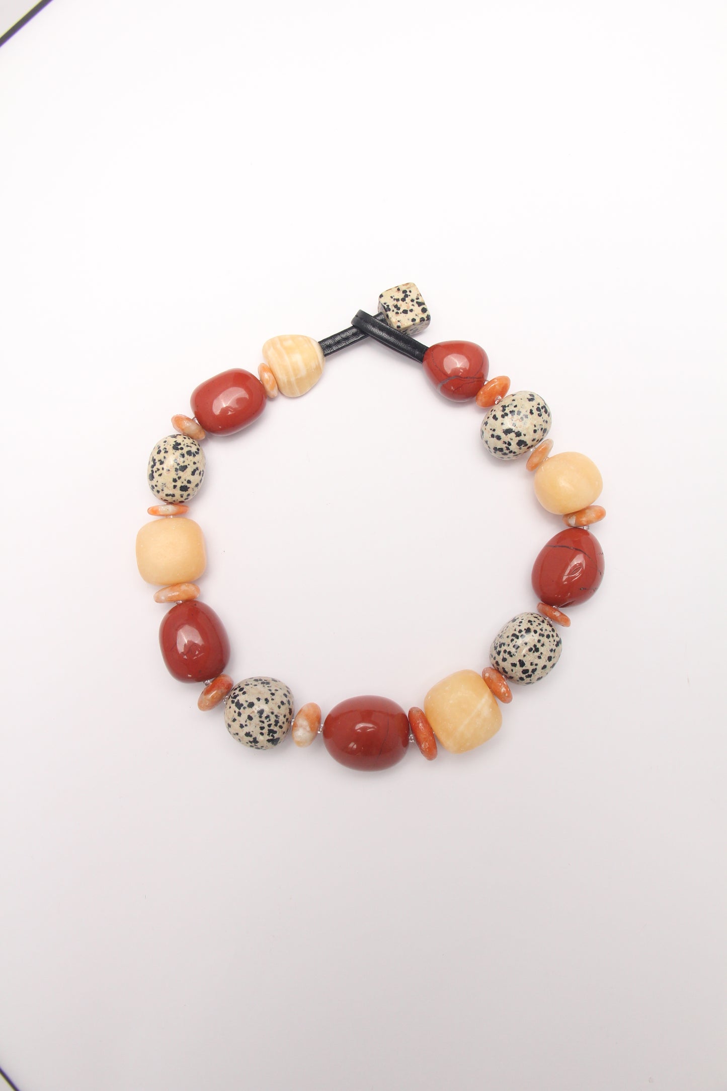 Necklace: red jasper stone, cream yellow onyx, dalmatian jasper