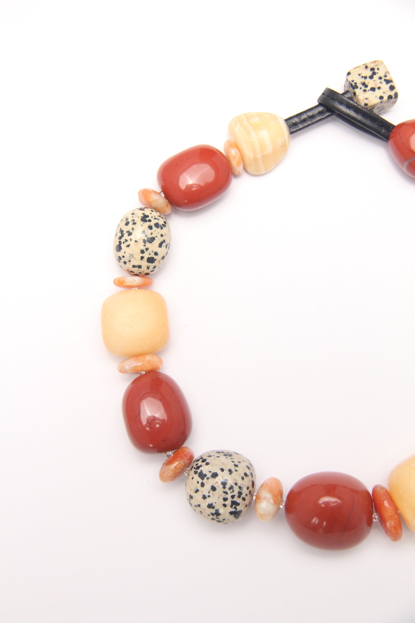 Necklace: red jasper stone, cream yellow onyx, dalmatian jasper