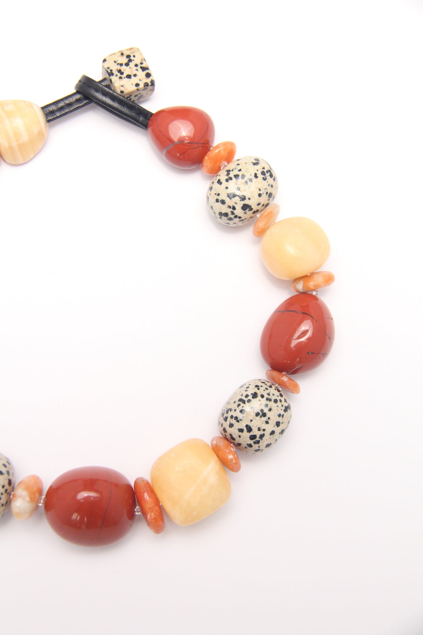 Necklace: red jasper stone, cream yellow onyx, dalmatian jasper