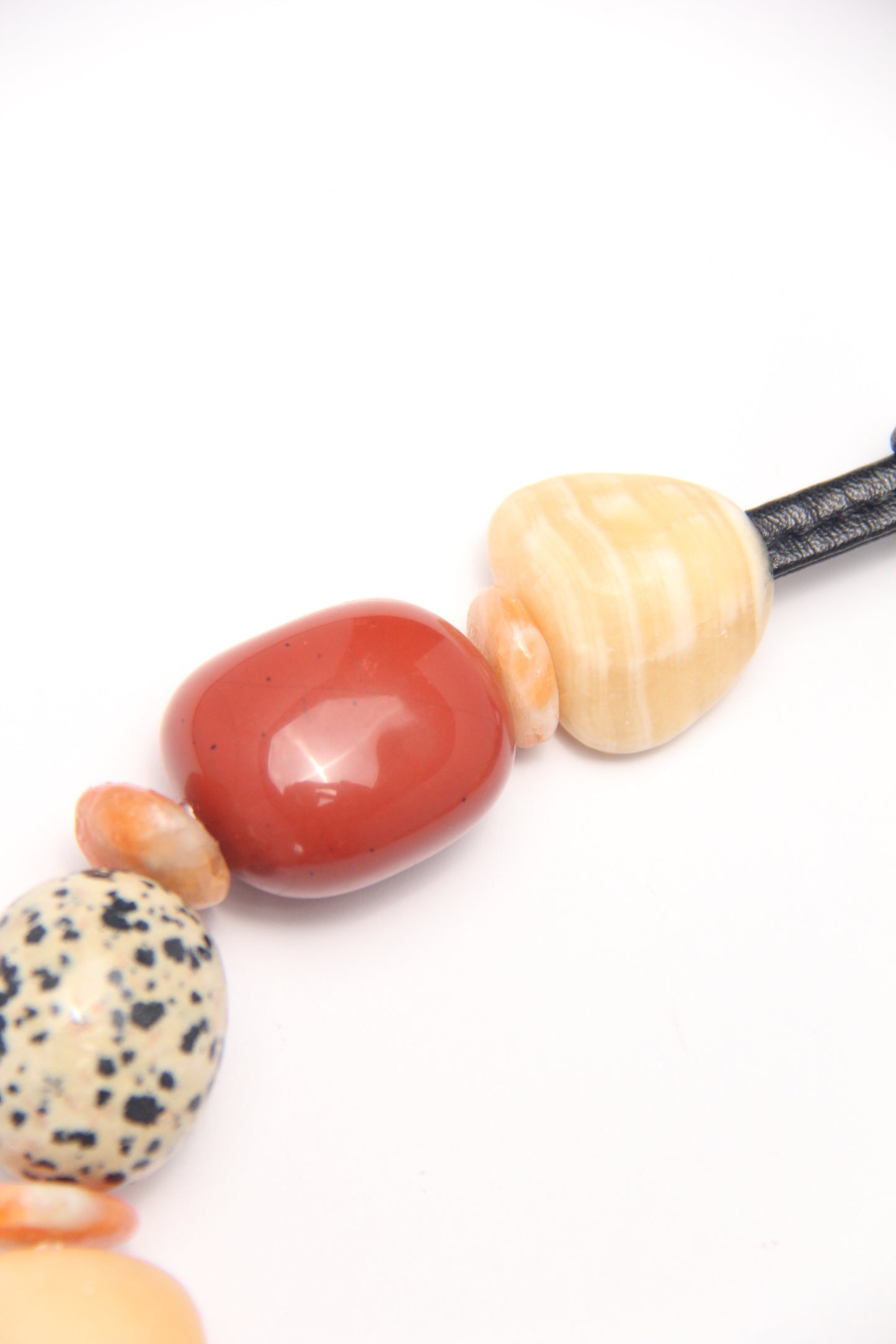 Necklace: red jasper stone, cream yellow onyx, dalmatian jasper